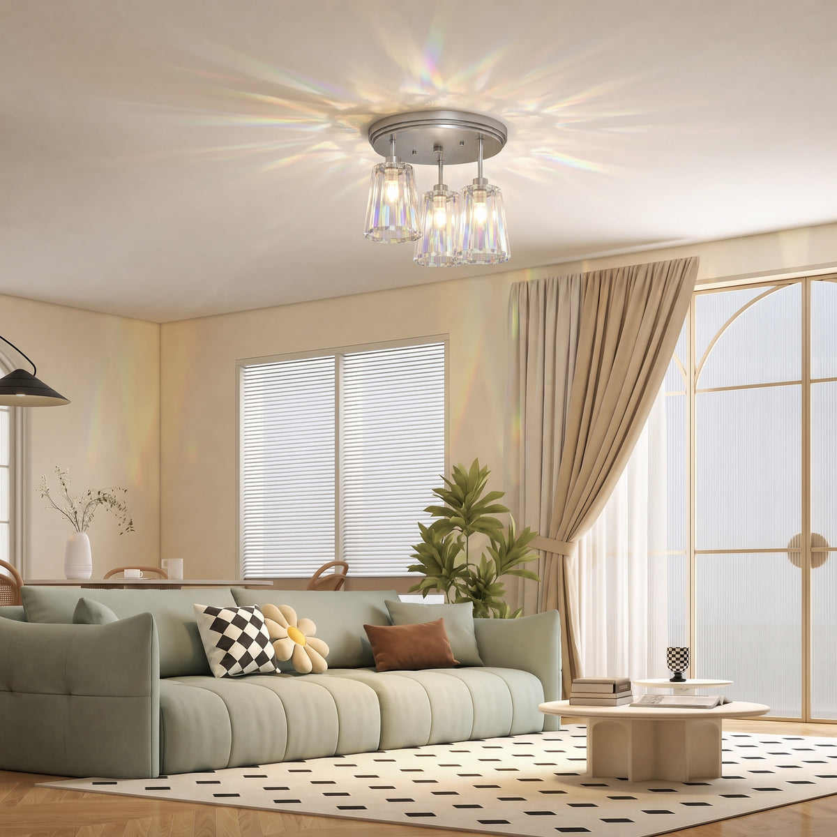 HOMCOM 3 Light Crystal Glass Ceiling Light With 3 E27 Sockets Silver