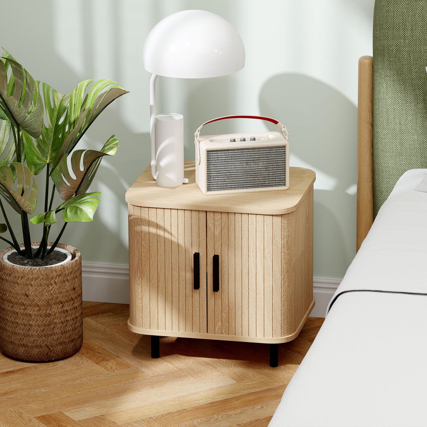 HOMCOM Nightstand With Sliding Doors And Metal Legs Oak Tone Nordic Style Bedside Table With 2 Tier Storage