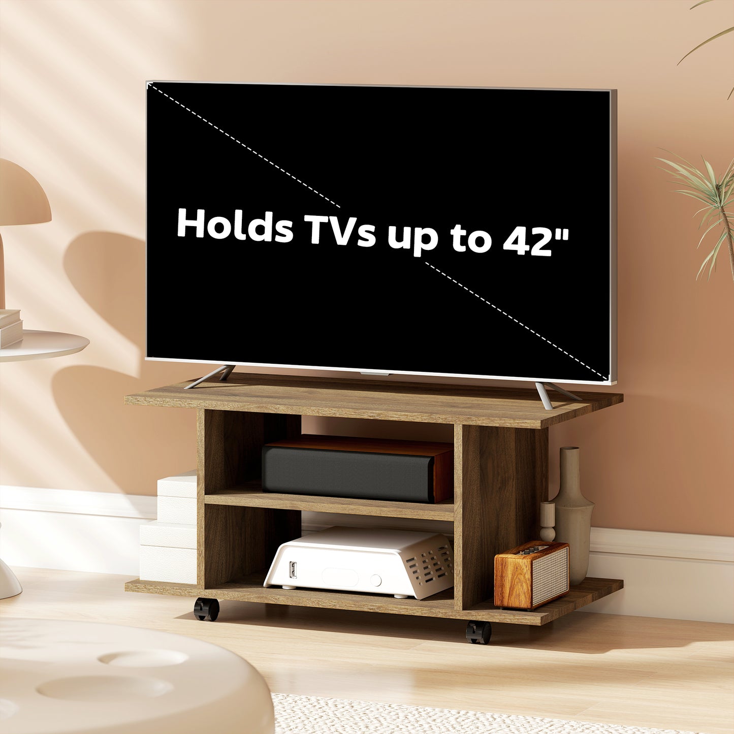 HOMCOM Modern TV Cabinet Stand With Storage Shelves Mobile Bookcase Walnut Casters