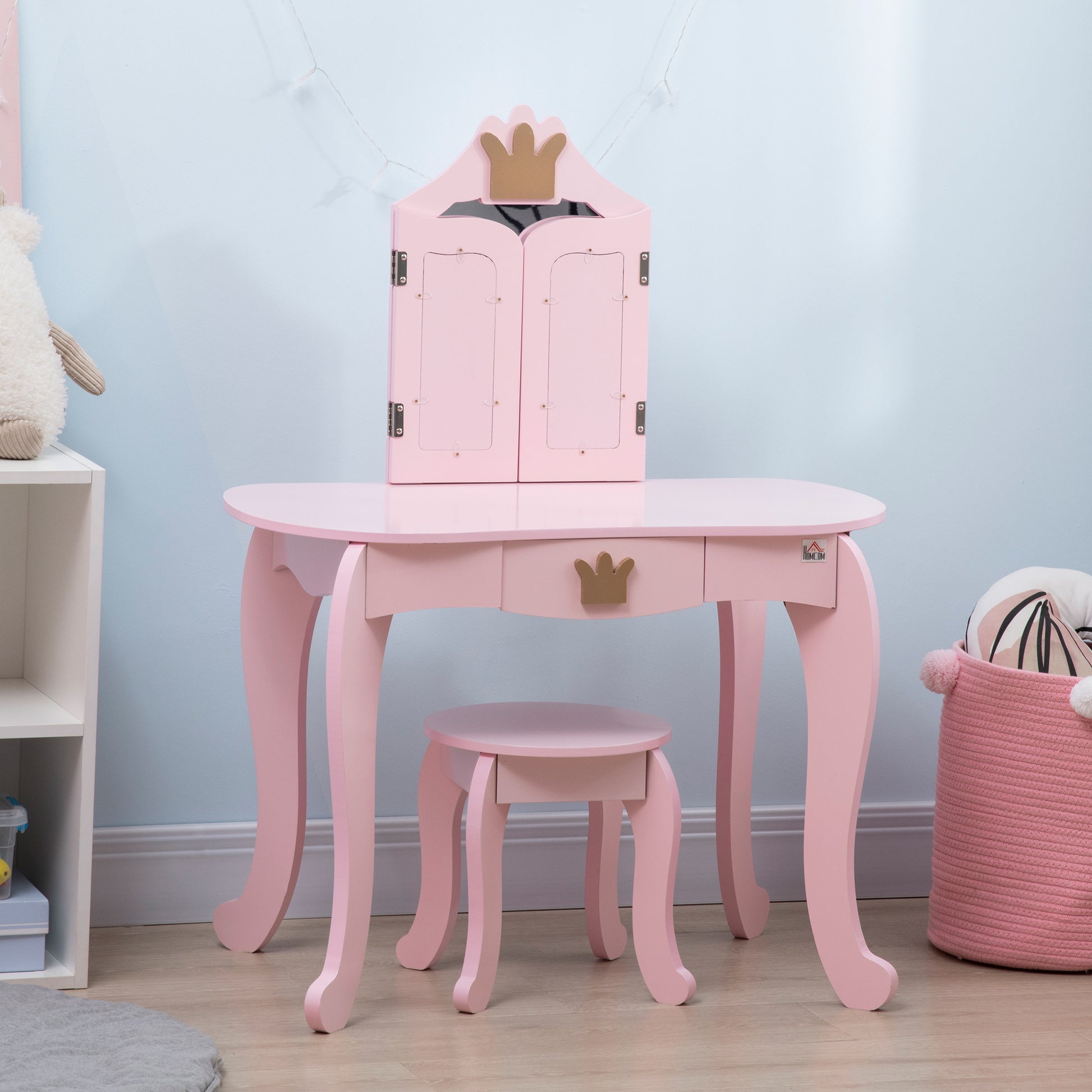 HOMCOM Princess-Themed Kids Vanity Set with Rotating Mirrors and Drawer, Pink Dressing Table and Stool for Girls - ALL4U RETAILER LTD