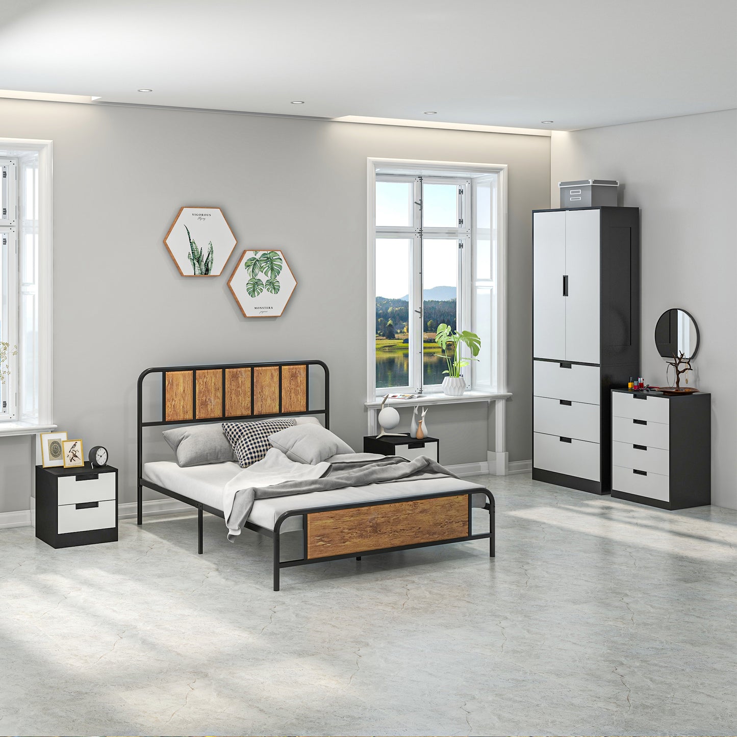 HOMCOM Bedroom Furniture Set Wardrobe With Hanging Rod 4 Drawer Chest And 2 Bedside Tables White And Black
