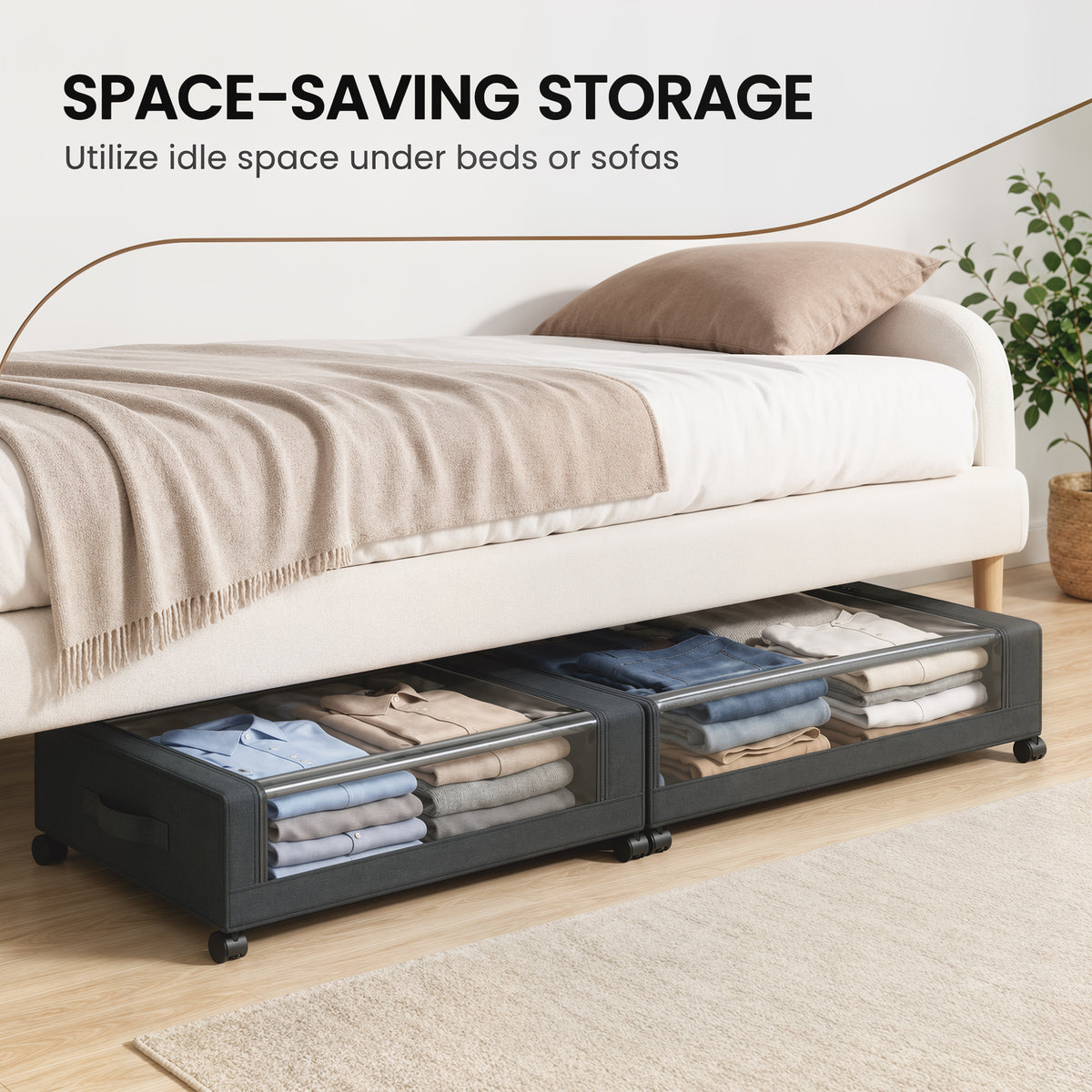 Wheeled Under Bed Storage Drawers Pack Of 2 40L Capacity With Clear Lids