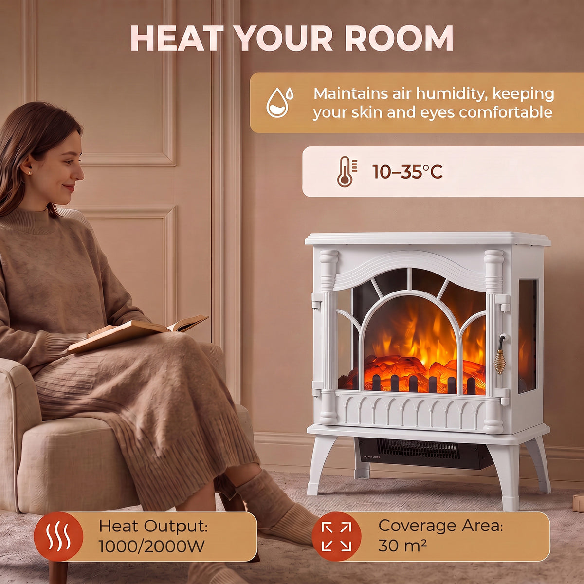 HOMCOM Electric Fireplace Fan Heater With Realistic Glass Flame Effect
