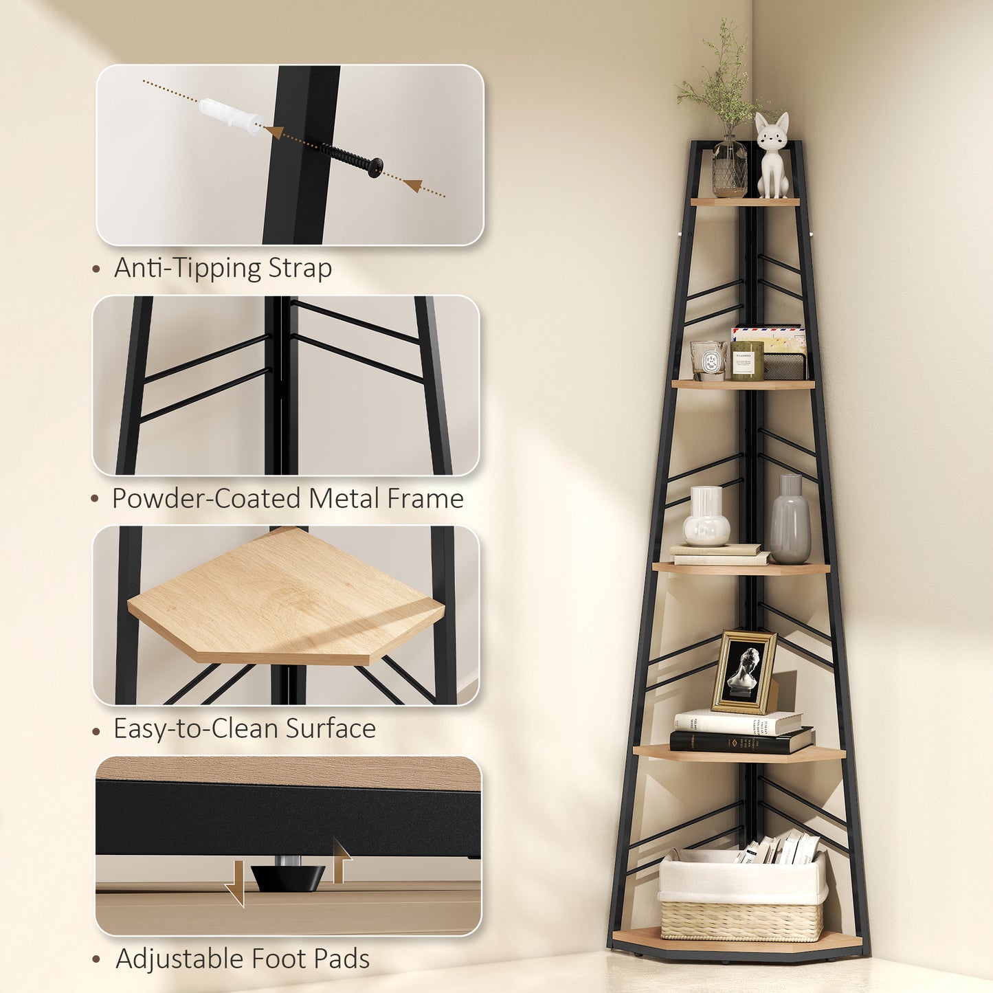 HOMCOM Corner Bookcase Five Tier Floor Standing Bookshelf Shelving Unit for Living Room Study Bedroom Natural Wood