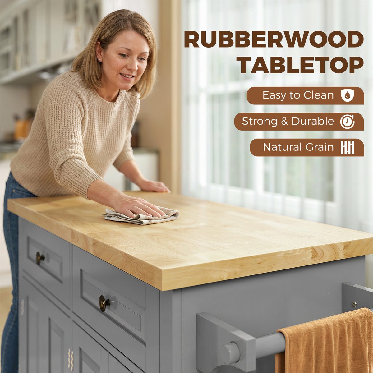 Rubberwood tabletop rolling kitchen island with gray cabinet base and easy-wipe surface