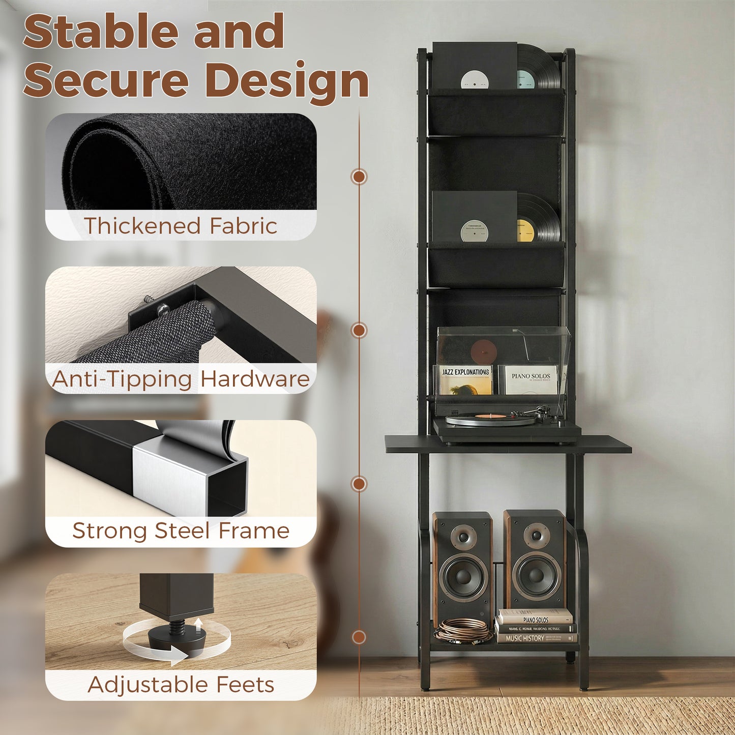 HOMCOM Vinyl Record Player Stand And Storage With Oxford Fabric Pockets Bottom Shelf Black