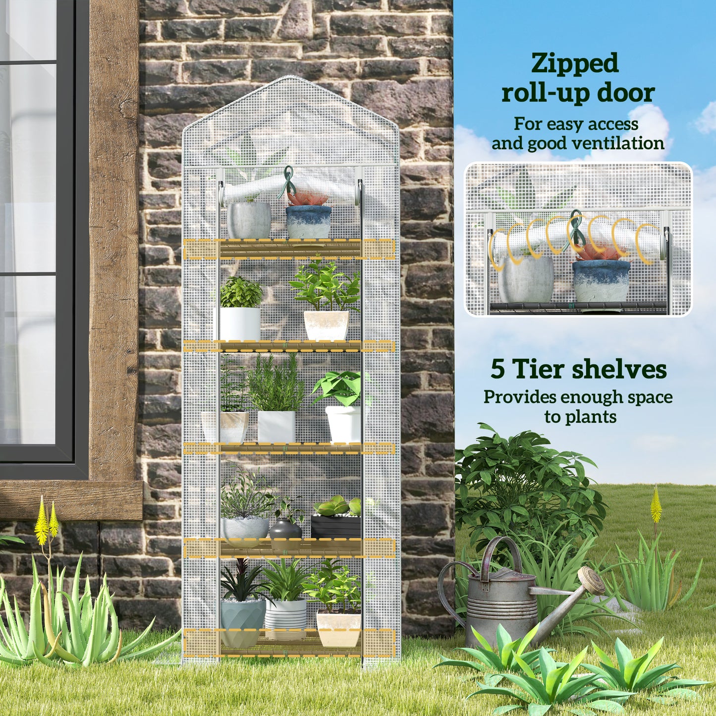 Outsunny 193cm Five Shelves Mini Greenhouse White With Roll Up Door Ideal For Small Balconies Porches Or Indoor Corners