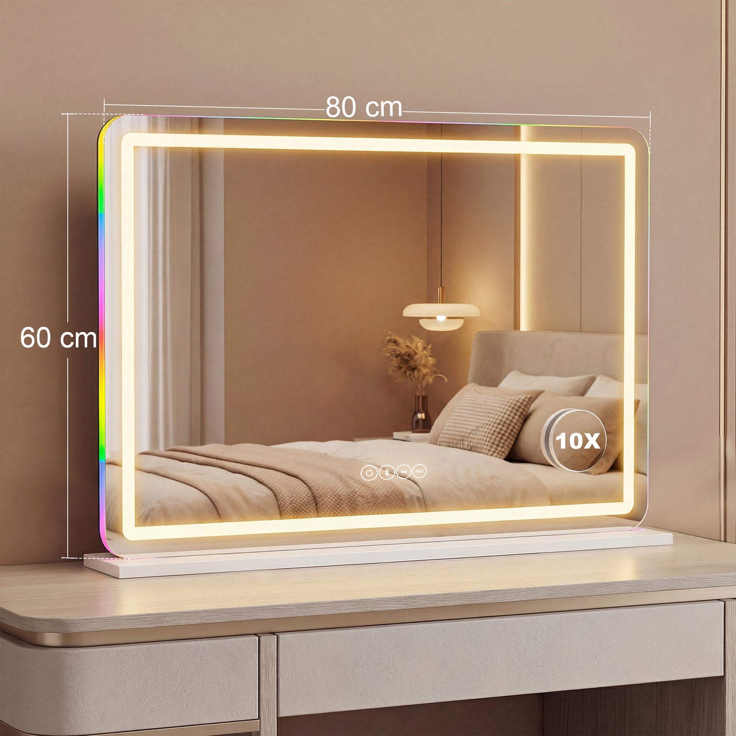 HOMCOM Vanity Mirror With Lights Dimmable Makeup Mirror Adjustable Color Temperature RGB LED Light Bluetooth Speaker White