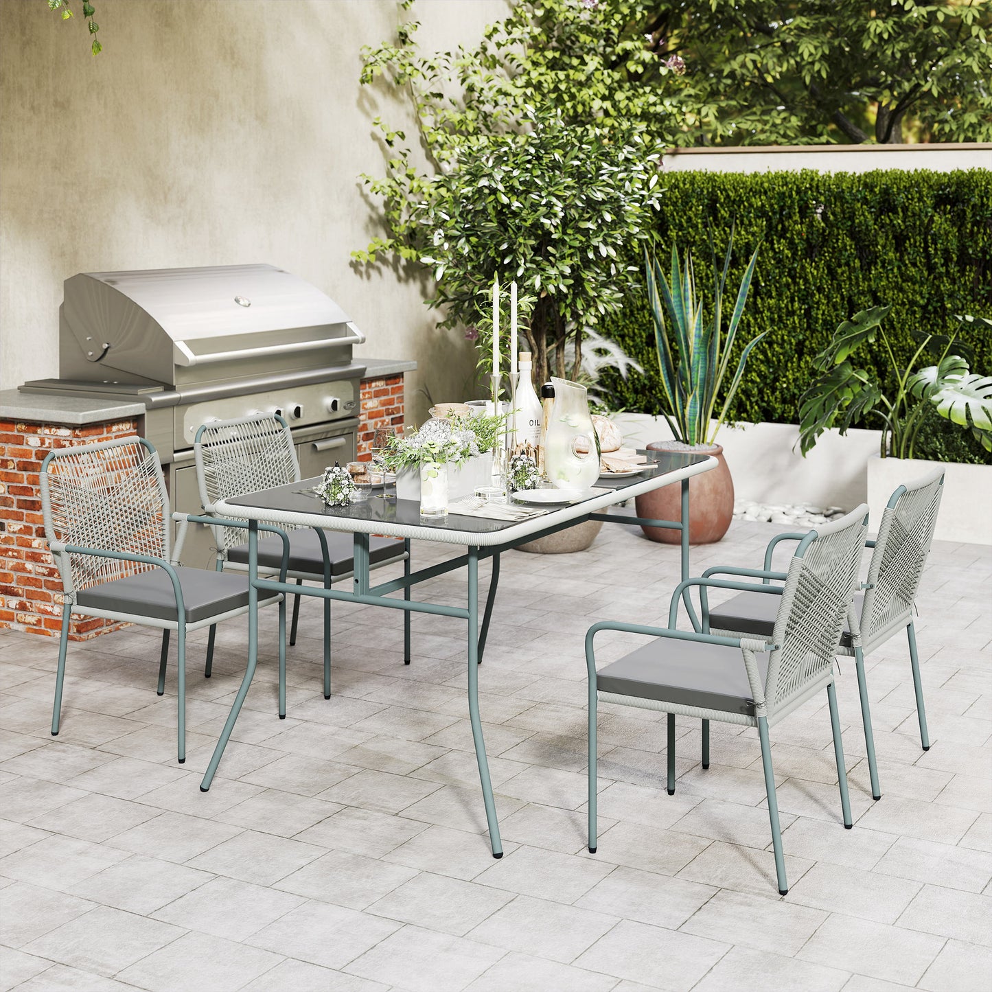 Outsunny Five Piece PE Rattan Outdoor Garden Dining Set with Cushions and Stackable Chairs Light Grey