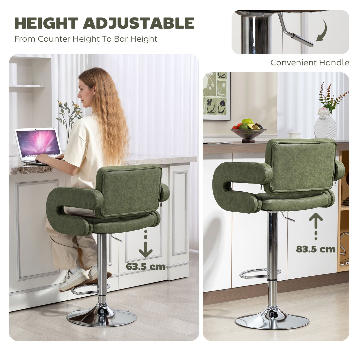 HOMCOM PU Leather Upholstered Swivel Bar Stool With Backrest Armrests Footrest Height Adjustable Green
