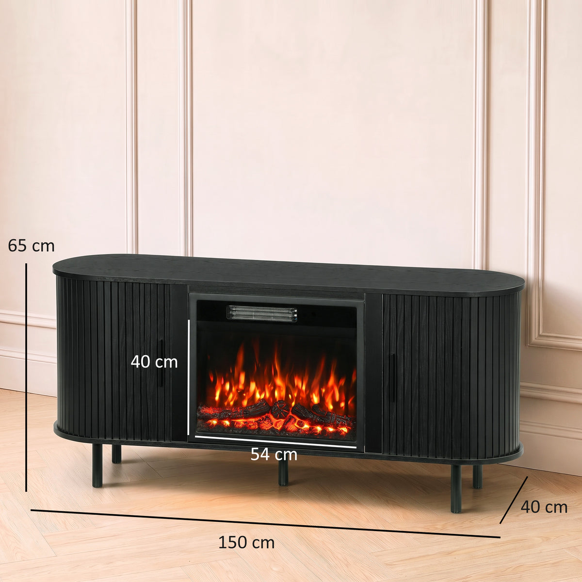 Heated TV stand dimensions shown: 150 cm wide, 65 cm high, 40 cm deep