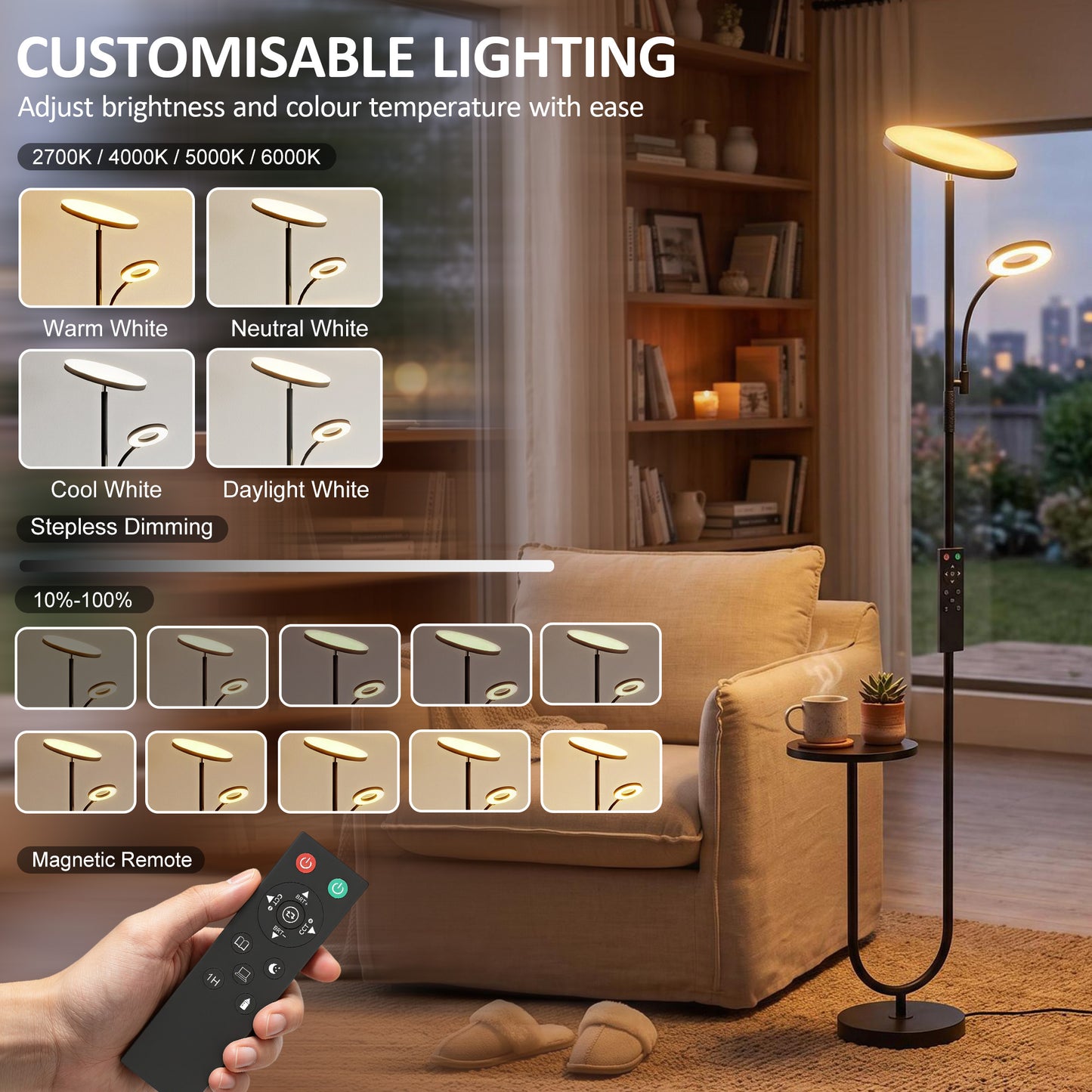 Homcom Uplighter Floor Lamp Dimmable Reading Light With Remote Control