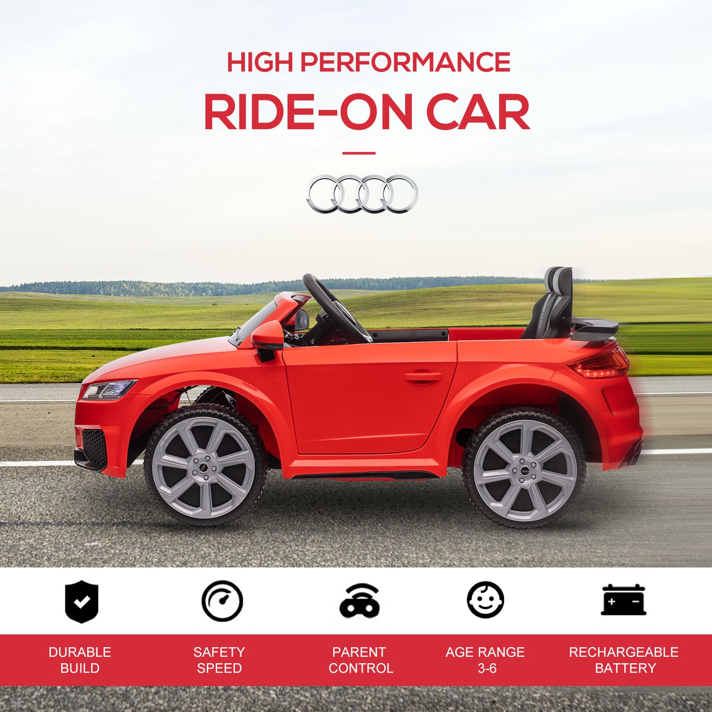 HOMCOM 12V Audi TT RS Kids Ride-On Car with Remote Control, Lights, Horn, and MP3 Player - Red - ALL4U RETAILER LTD