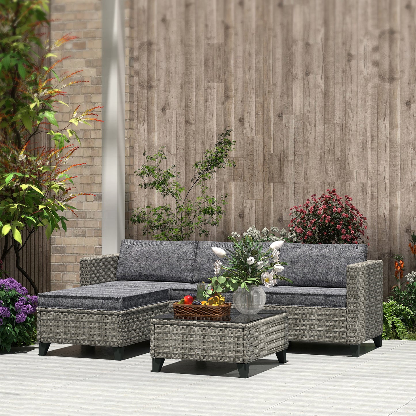 Outsunny 5 Piece Rattan Patio Furniture Set With Corner Sofa Footstools And Coffee Table For Poolside Dark Grey