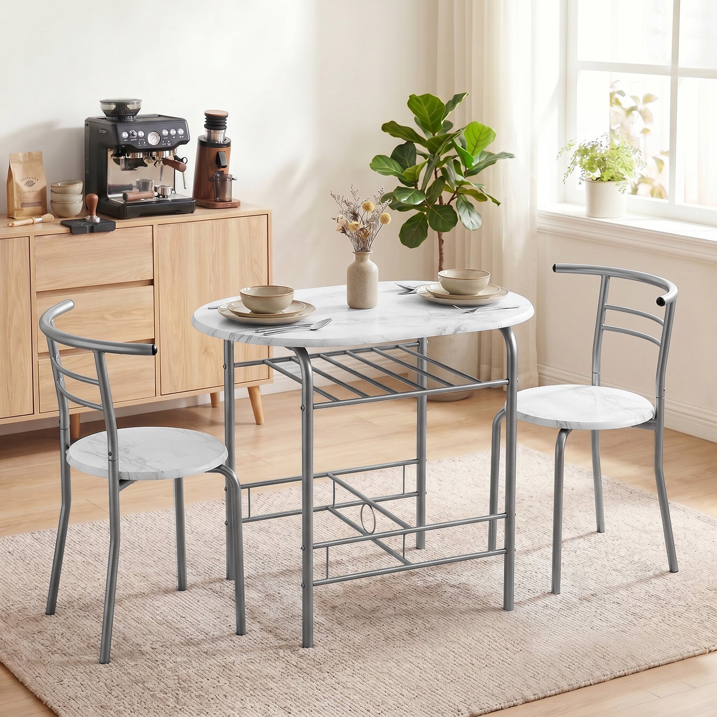 HOMCOM White Marble Effect Three Piece Compact Dining Set With Two Chairs And Table Shelf