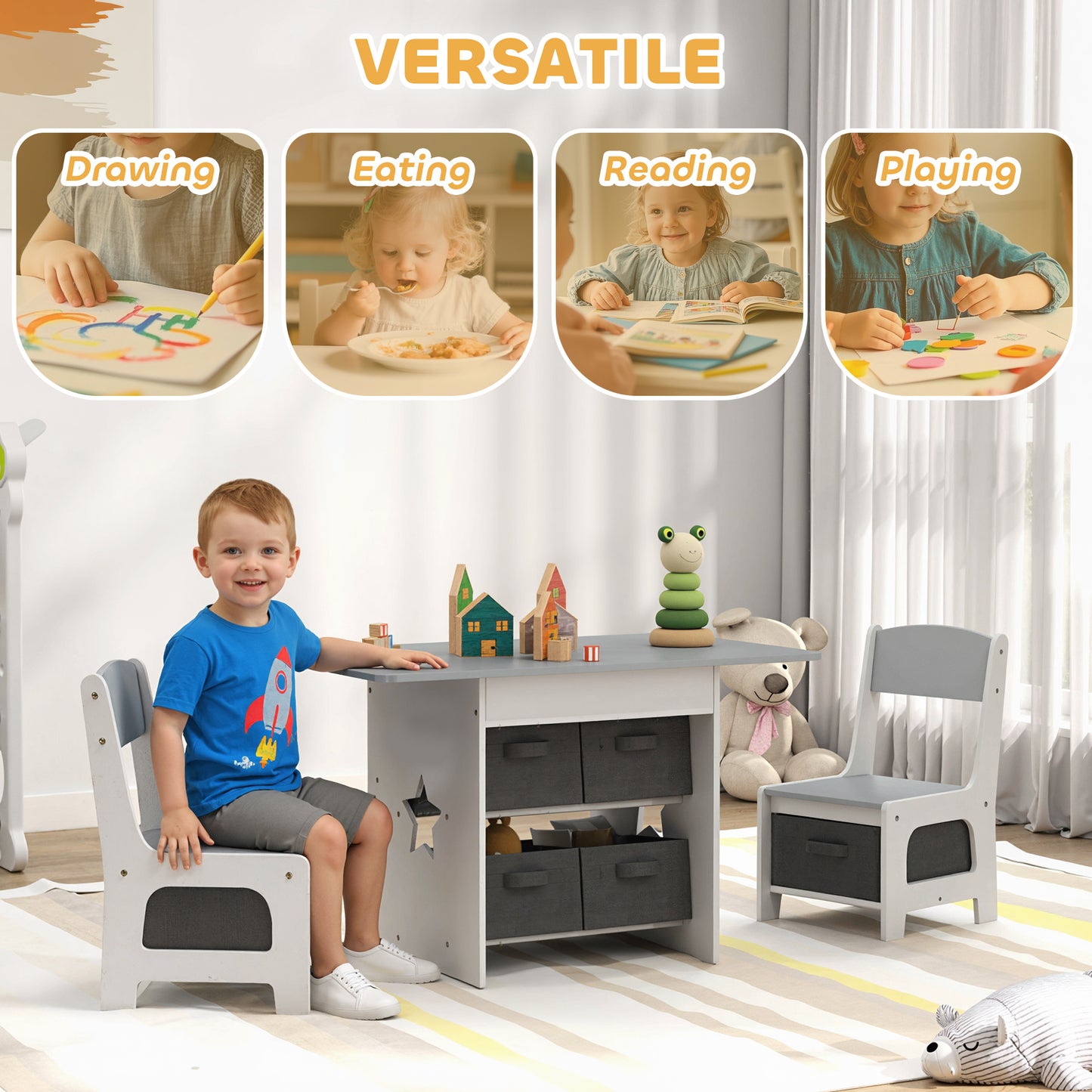 AIYAPLAY Kids Table and Chair Set With Six Removable Drawers for Boys and Girls Ages Three to Eight Light Grey