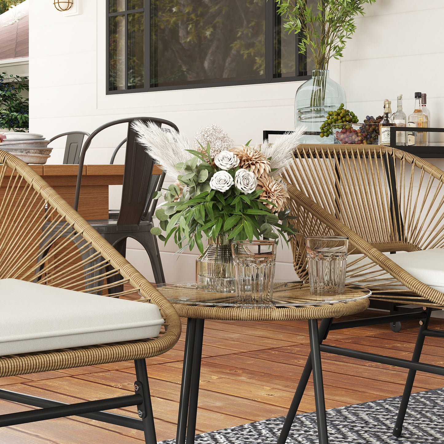 Outsunny 3 Piece Rattan Wicker Bistro Set With Cushions And Glass Top Table For Outdoor Patio Balcony