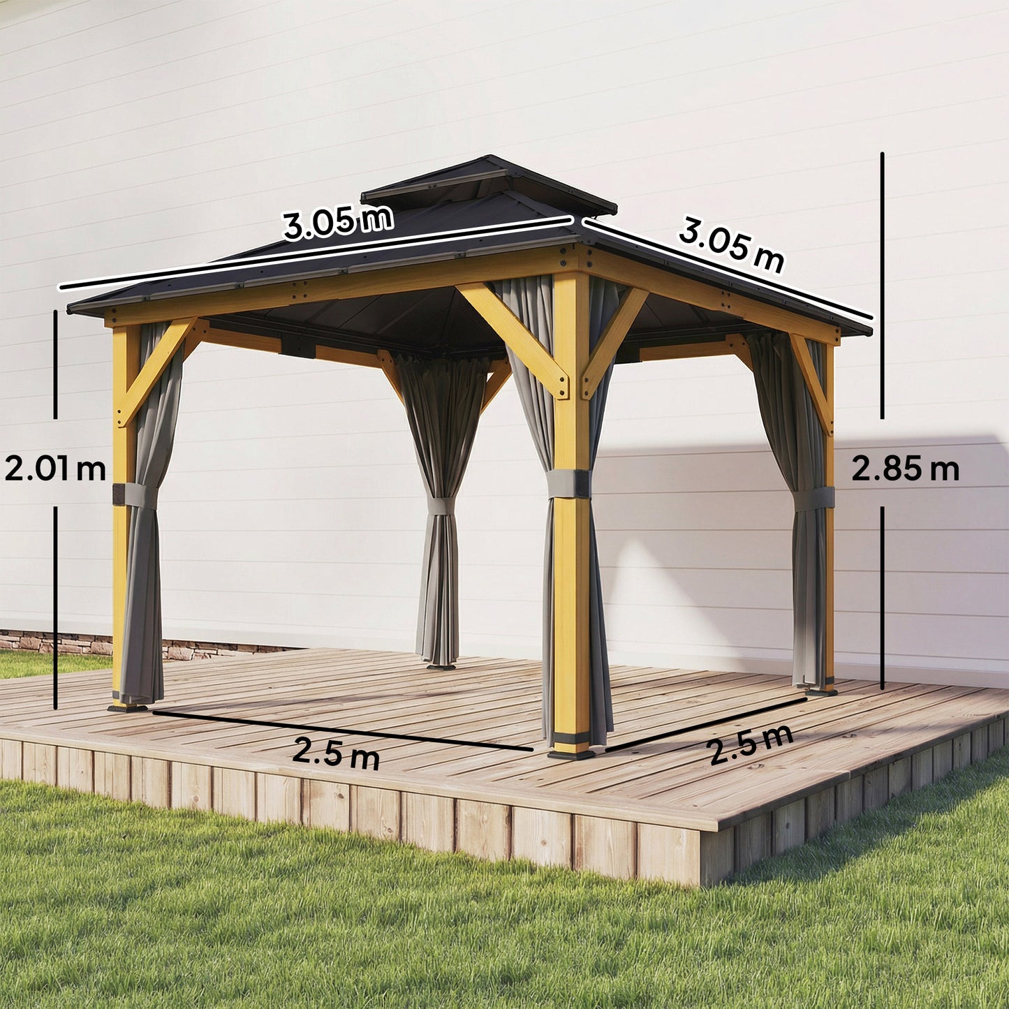 Outsunny 3m x 3m Hardtop Gazebo With Curtains Wood Garden Grey 2 Tier Steel Roof Rainproof Sun Protection UPF50