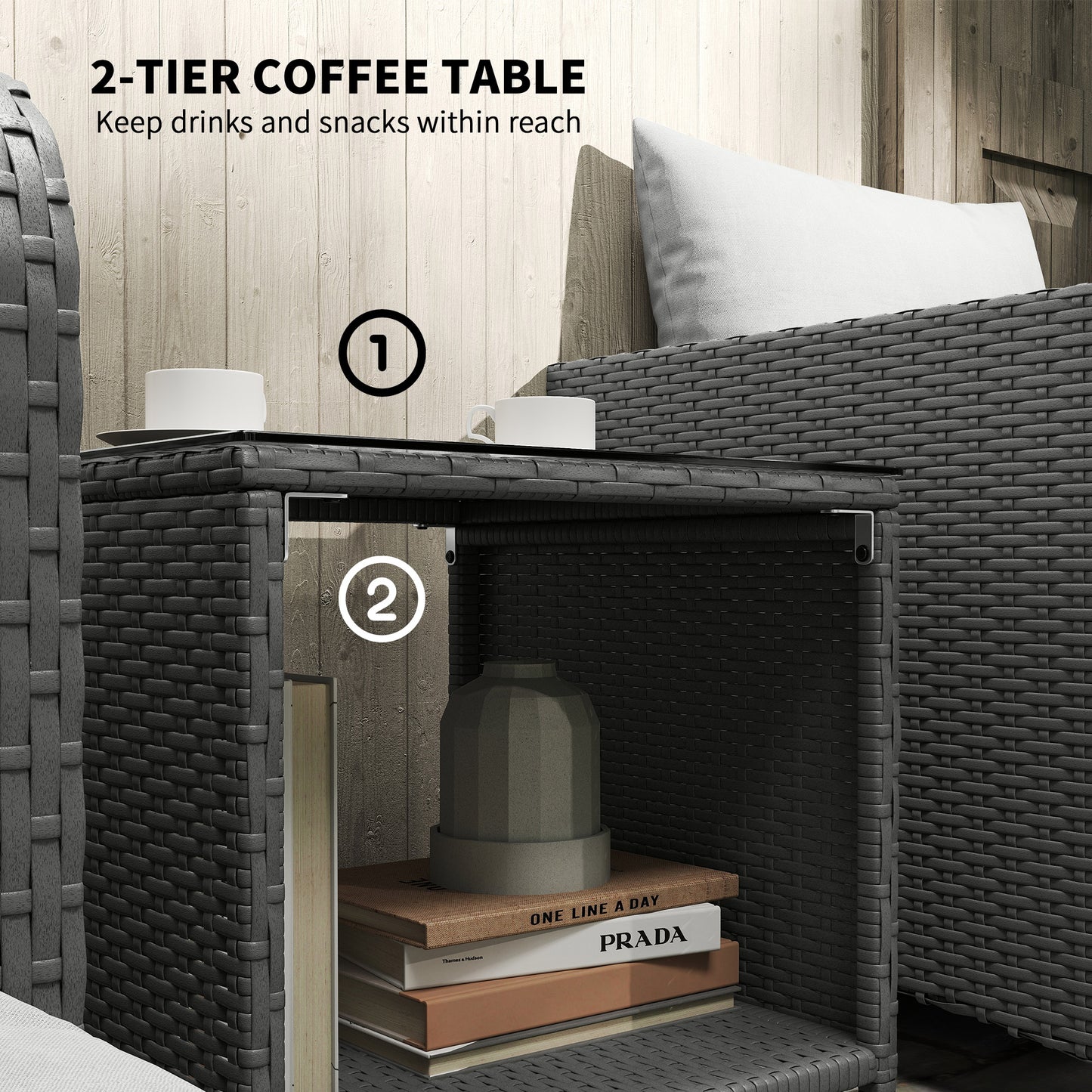 Outsunny Five Piece Rattan Outdoor Garden Furniture Set With Two Tier Coffee Table And Ottomans Grey