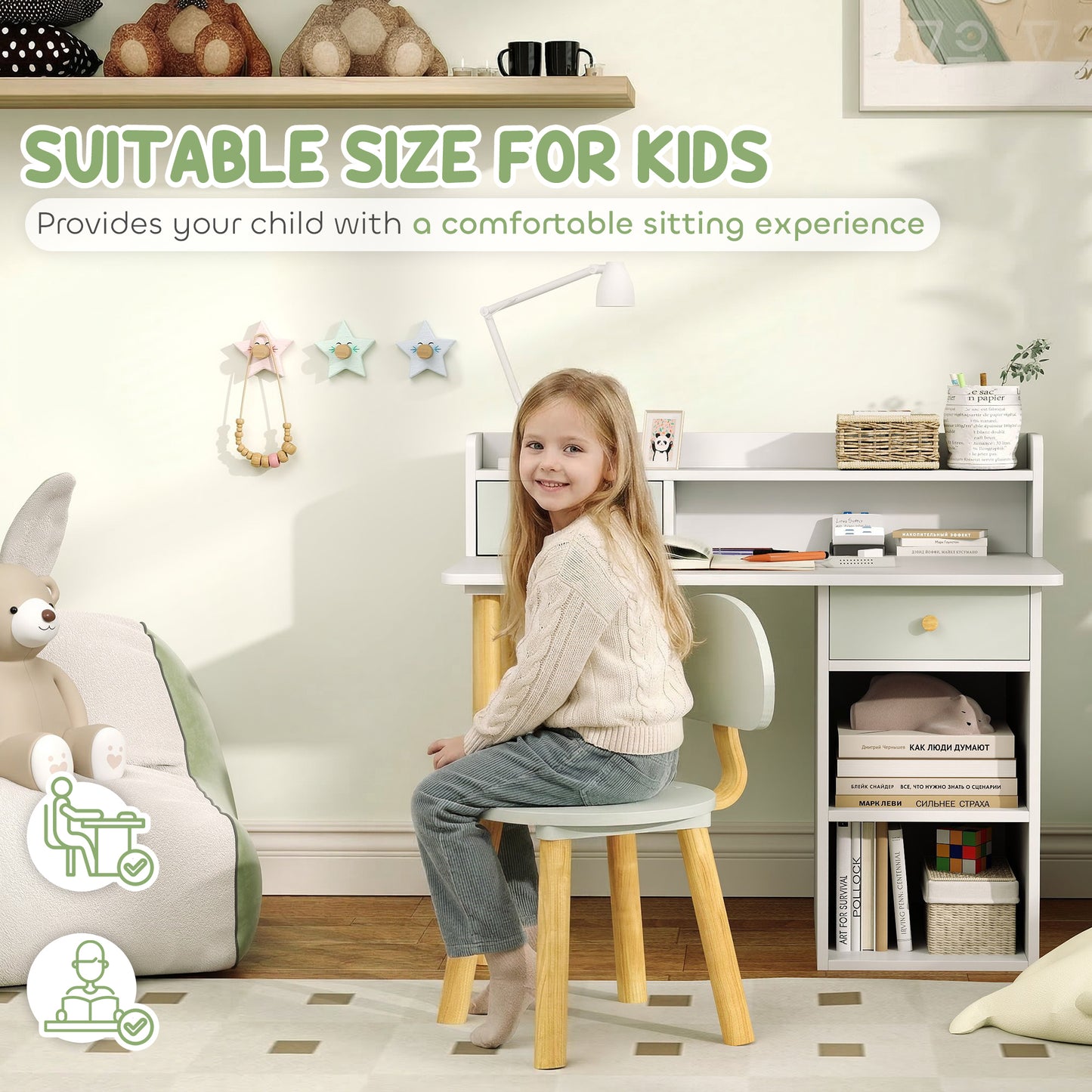 AIYAPLAY Two Piece Children Study Table With Hutch And Kids Desk And Chair Set With Storage Drawers Shelves Green