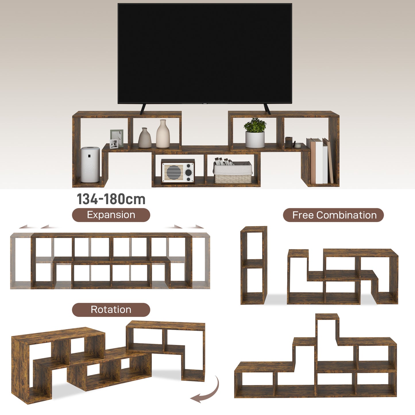 HOMCOM Three Block Modular TV Stand Rustic Brown With Two L Shaped And One Rectangular Block Six Shelves