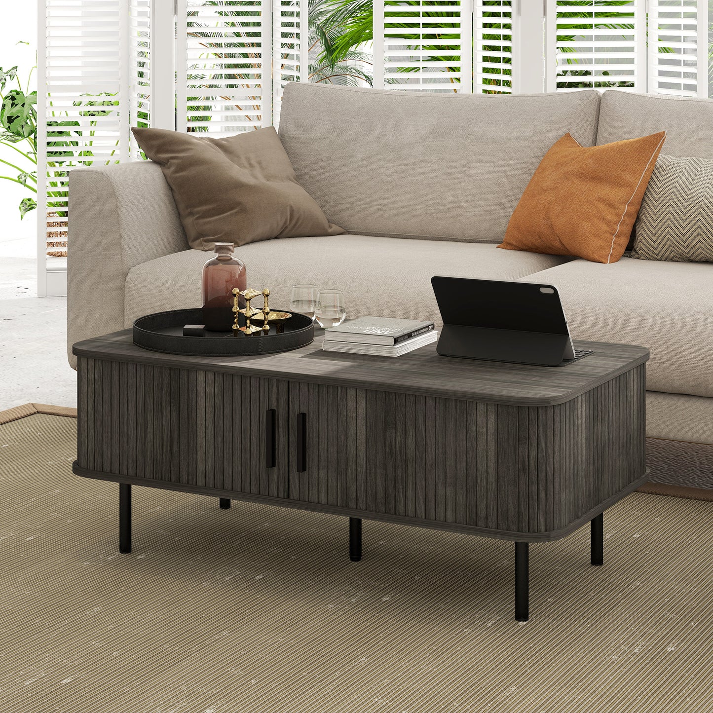 HOMCOM Coffee Table With Storage And Slatted Tambour Doors Elevated Base Grey Wood Effect Rectangular Living Room Table