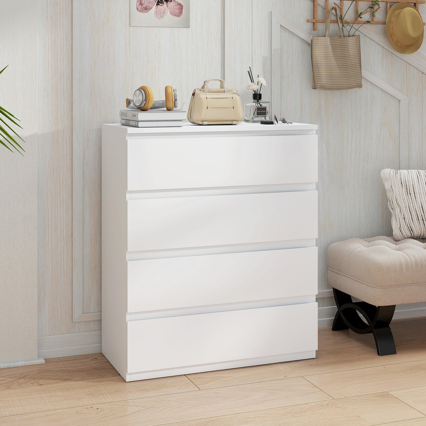 HOMCOM Four Drawer Chest White For Bedroom Storage With Flat Top Display Surface