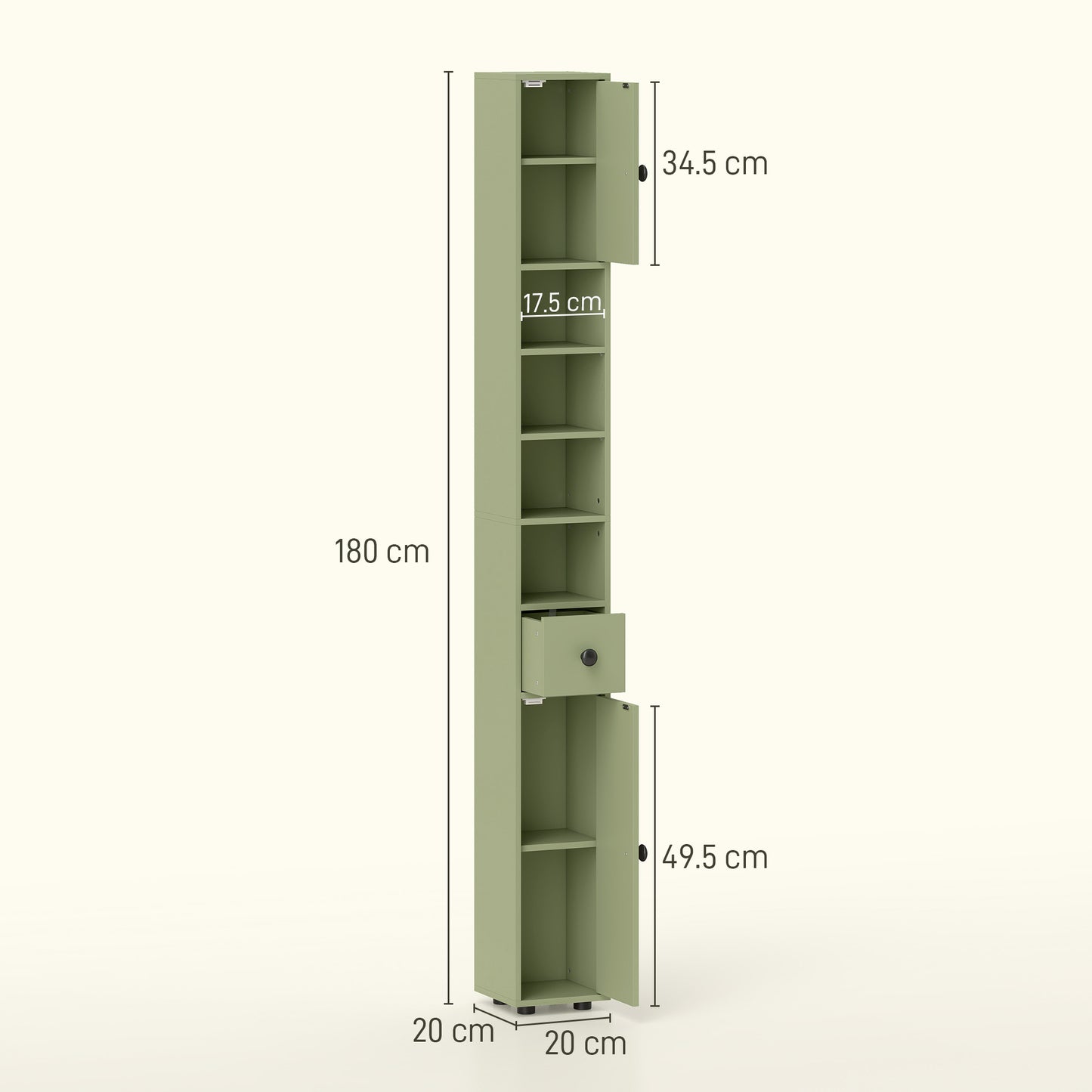 Kleankin 180cm Slim Bathroom Cabinet With Drawer Shelves And Cupboards For Tall Narrow Storage Green