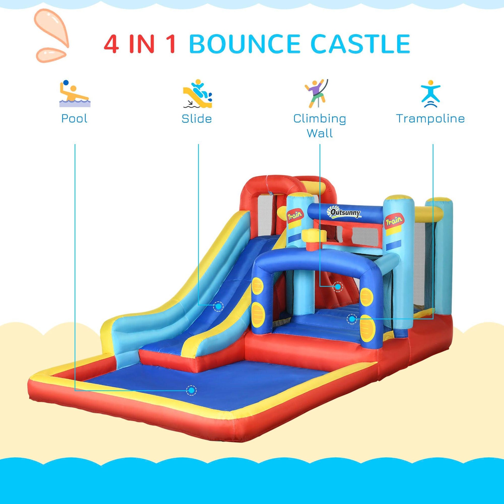 Outsunny 4 in 1 Kids Bouncy Castle W/ Slide Pool Trampoline Climbing Wall Blower - ALL4U RETAILER LTD