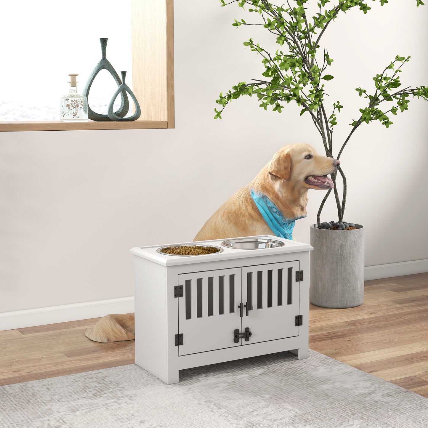 PawHut Elevated Pet Feeding Station with Storage for Large Dogs - Stylish White Design - ALL4U RETAILER LTD