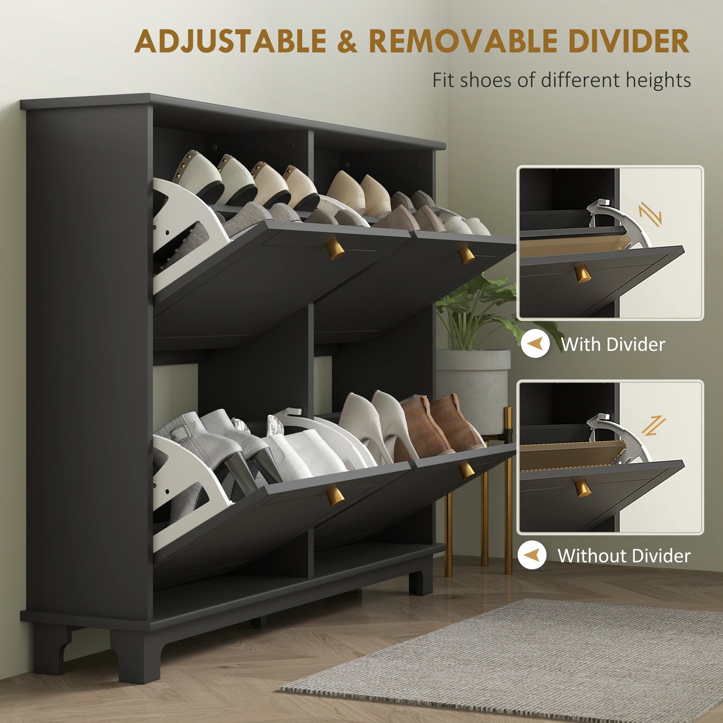 HOMCOM Slim Narrow Shoe Storage Cabinet With Four Flip Drawers And Adjustable Shelves Holds 16 Pairs Of Shoes Black