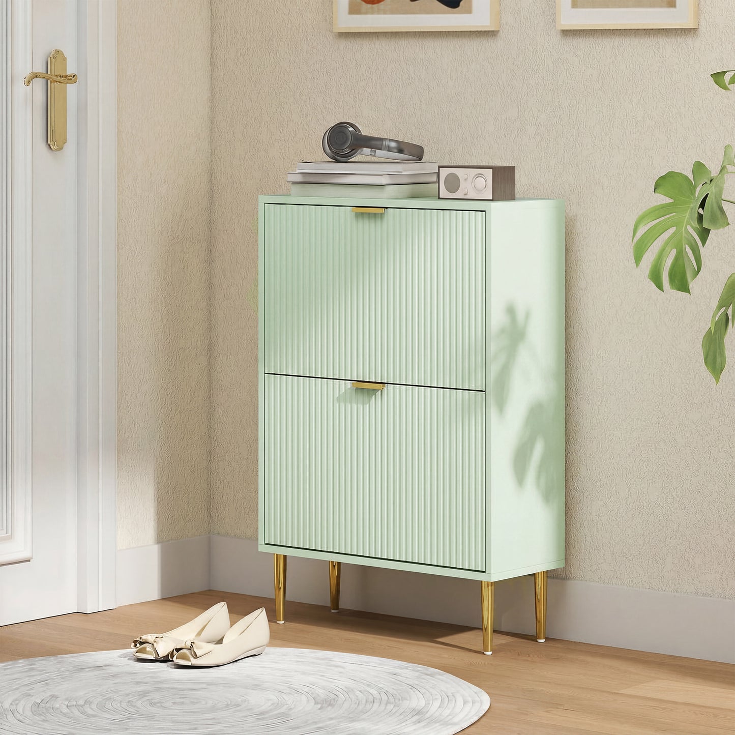 HOMCOM Elegant Two Drawer Shoe Cabinet In Light Green With Ridged Front Doors And Gold Accents Holds 6 to 12 Pairs
