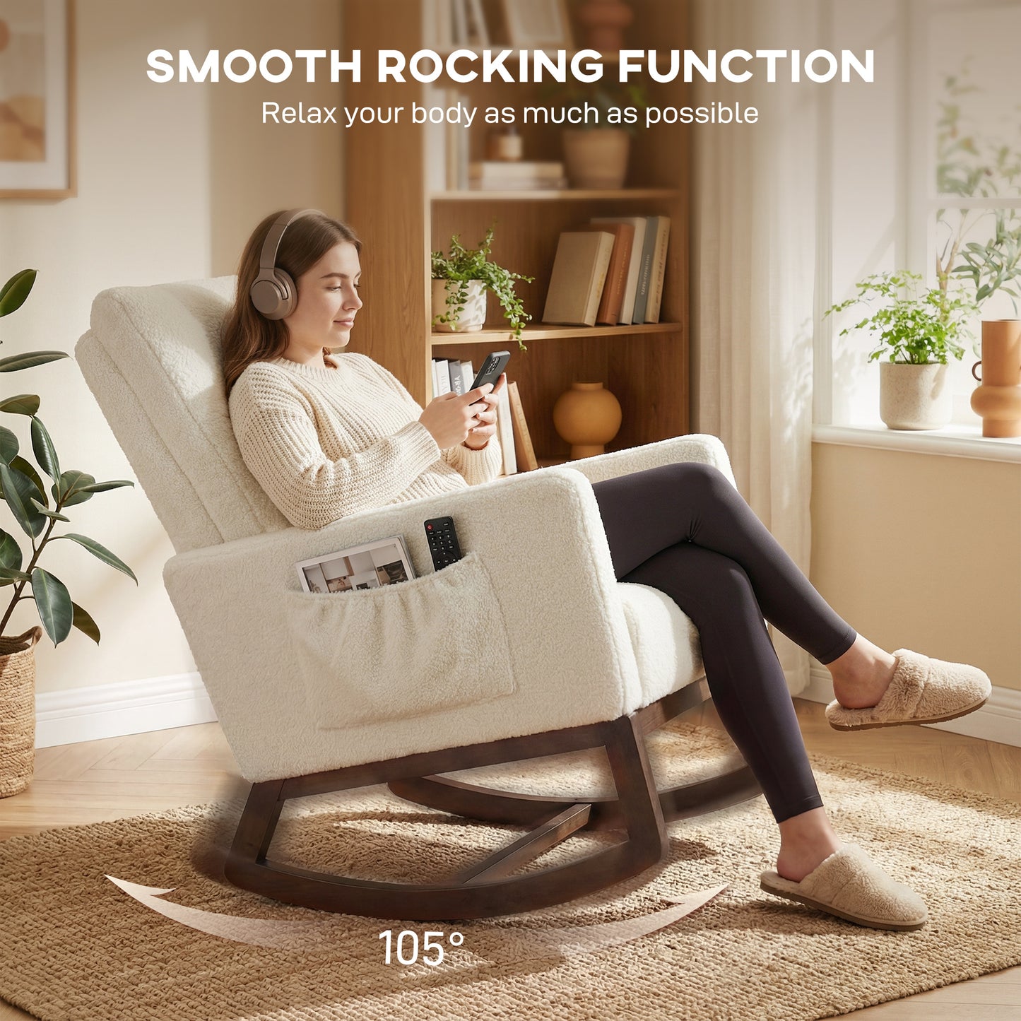 HOMCOM Rocking Chair for Adults with Lumbar Pillow and High Back Wood Base Side Pockets Cream White