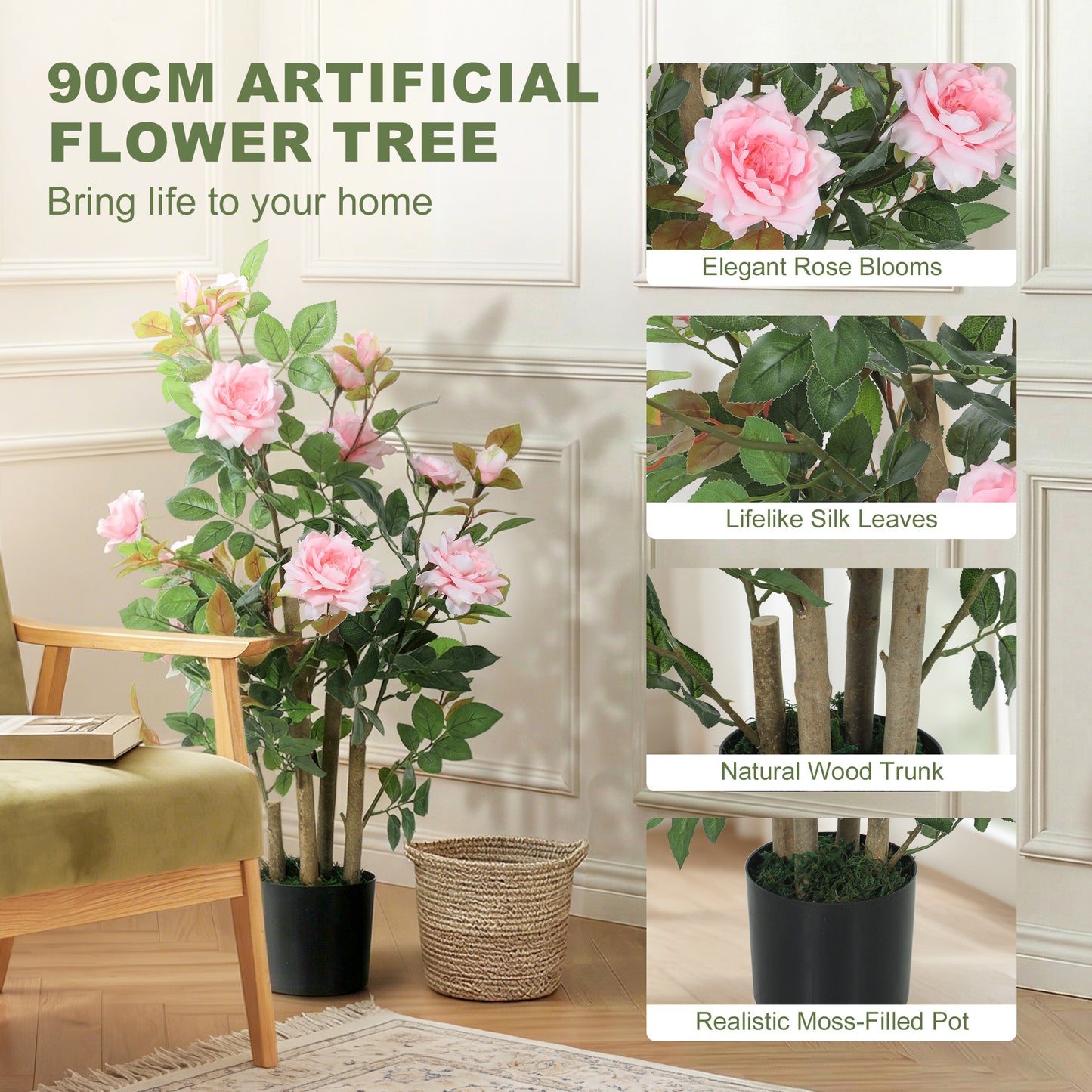 HOMCOM 90cm Artificial Rose Tree Set Of 2 With 344 Silk Leaves 17 Flowers Pink Indoor Outdoor Decor