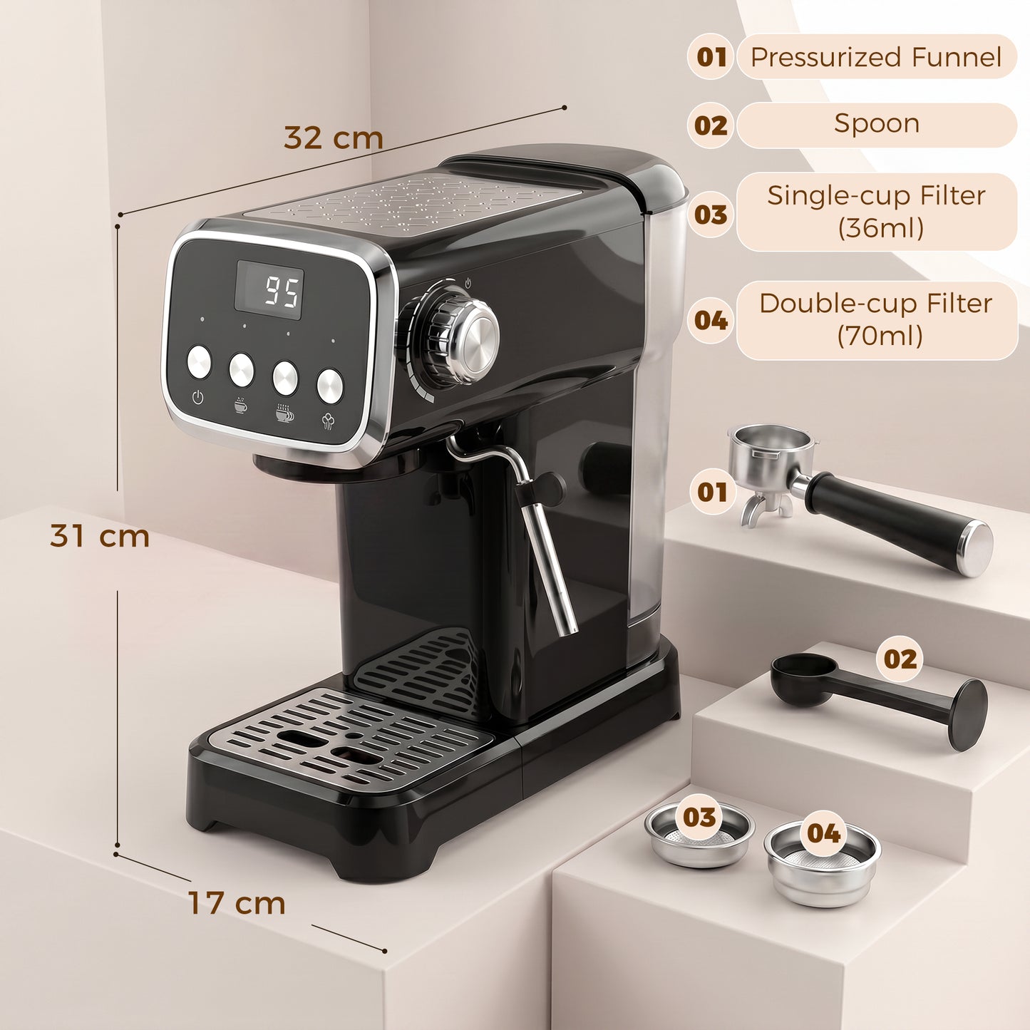HOMCOM Espresso Machine 20 Bar Cappuccino Coffee Maker With Frother Wand Removable Water Tank 1.2 L Black