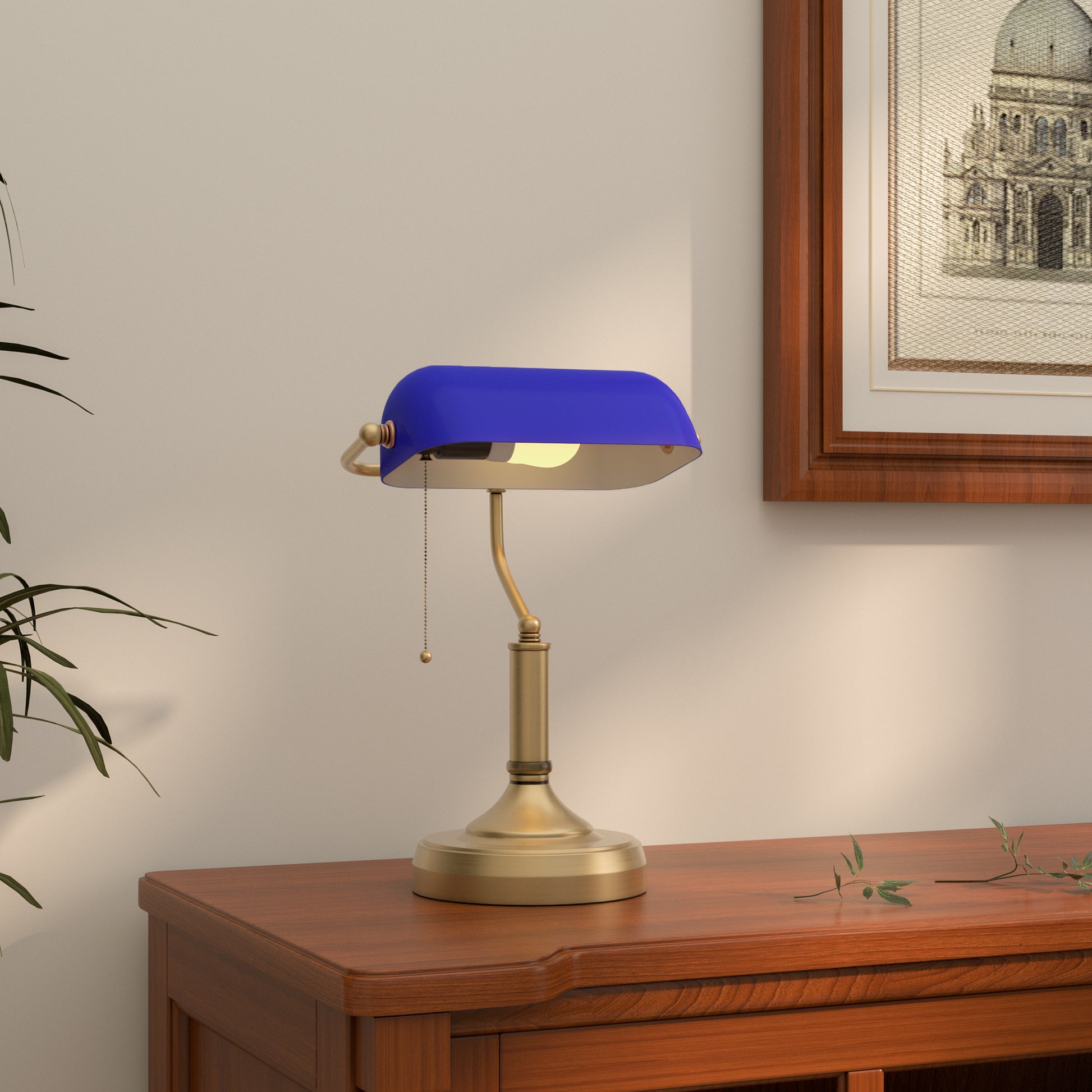 HOMCOM Vintage-Inspired Blue Glass Shade Banker's Desk Lamp with Antique Bronze Base for Home Office - ALL4U RETAILER LTD