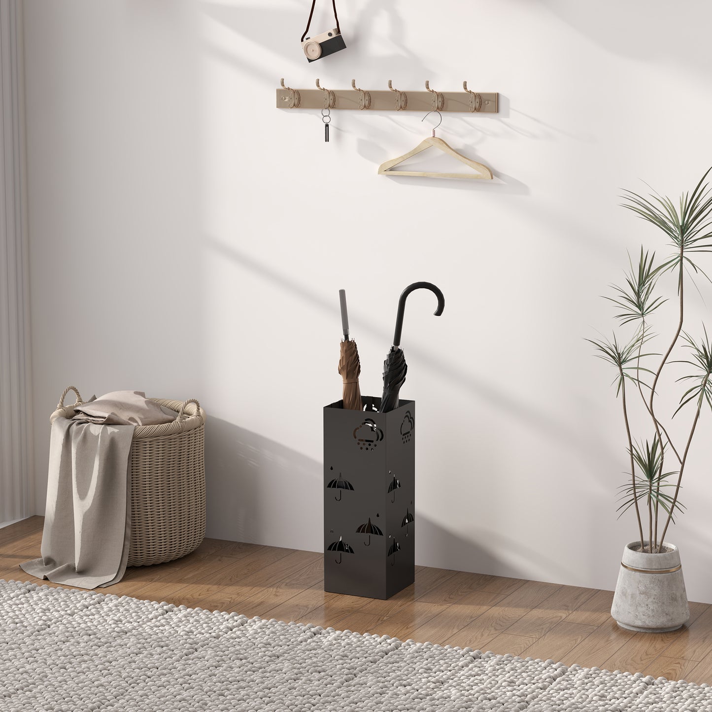 HOMCOM Metal Umbrella Stand Square Holder With Removable Drip Tray And Four Hooks For Hallway And Entryway Black
