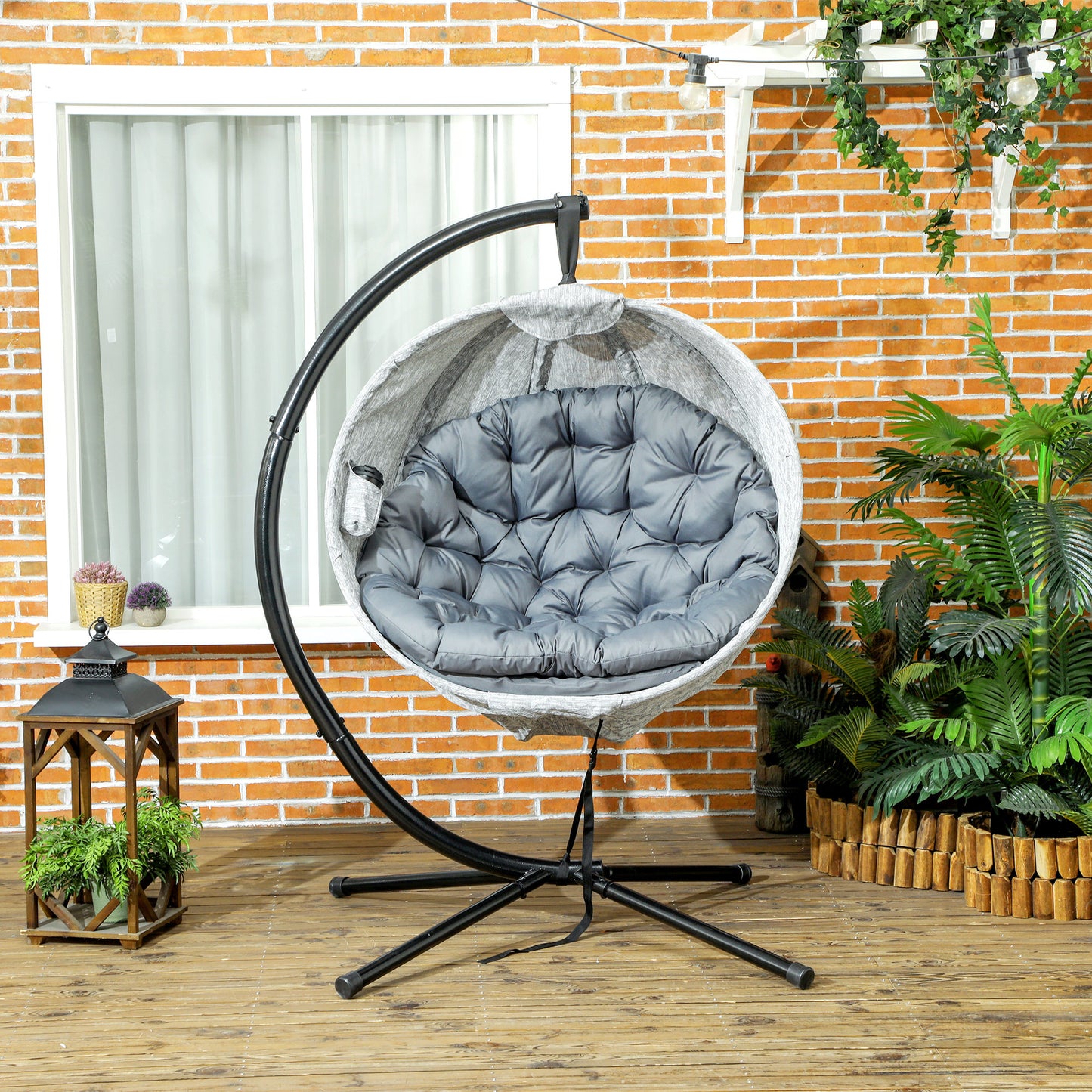 Outsunny Hanging Egg Chair for Patio Outdoor Indoor Garden Swing with Folding Basket Thick Cushion Cup Holder Grey
