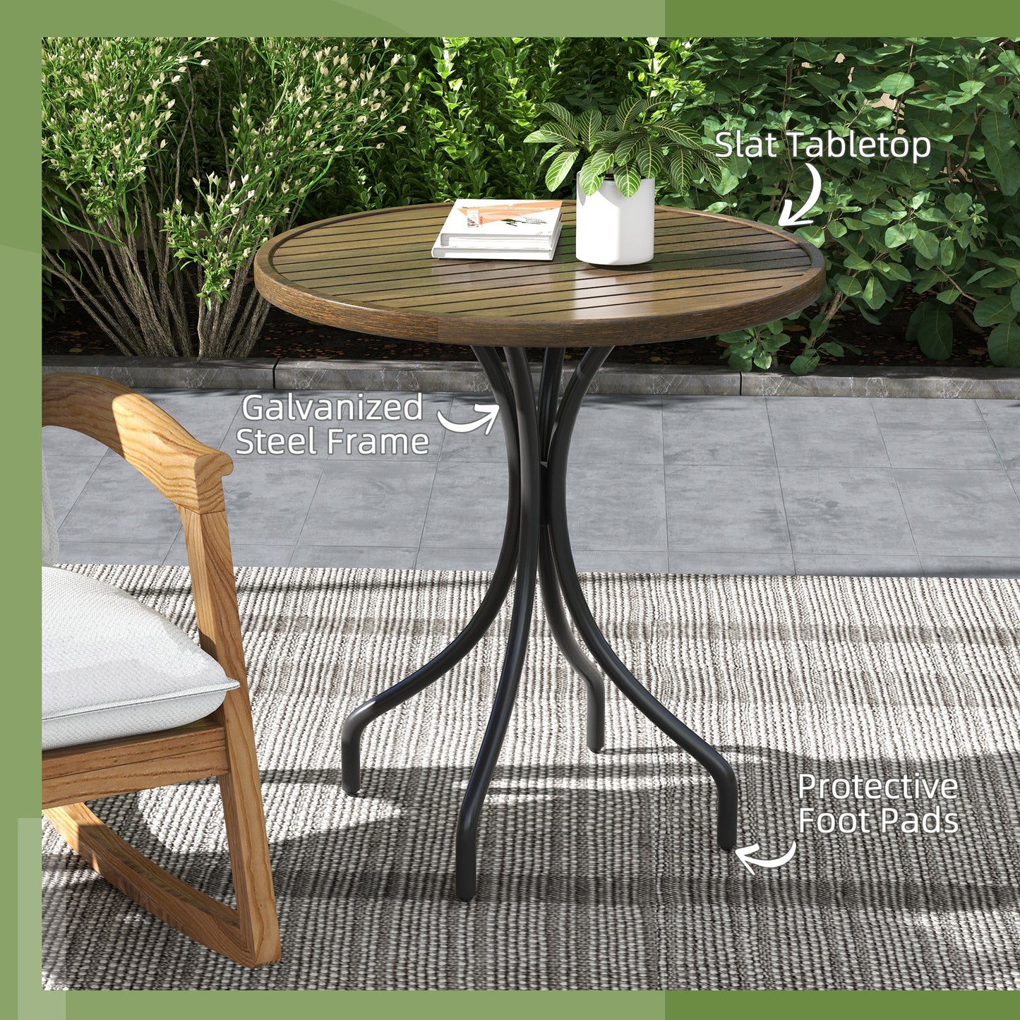 Outsunny 66cm Galvanised Steel Round Garden Table Brown With Slatted Top Outdoor Patio Furniture