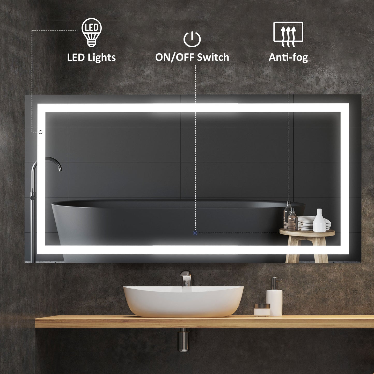 HOMCOM Contemporary LED Bathroom Mirror with Anti-Fog Sensor and Heated Features - 120W x 60H x 4D cm - ALL4U RETAILER LTD