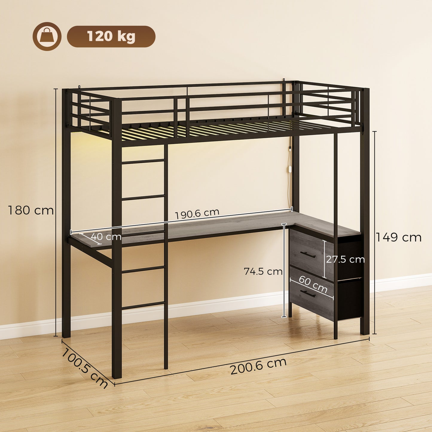 HOMCOM Metal Bunk Bed With Desk Built In Workstation LED Light High Sleeper Guardrail No Box Spring Needed