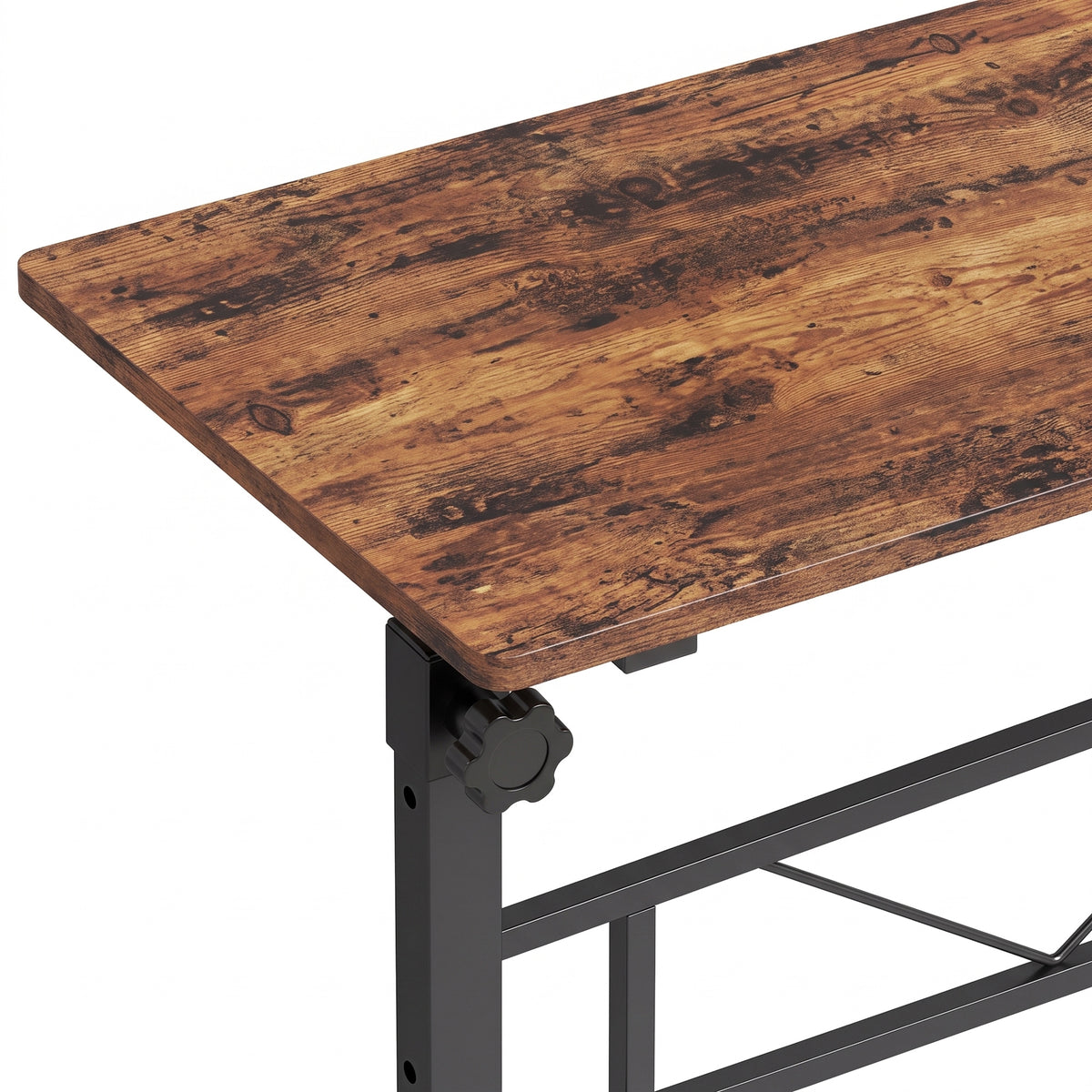 Brown wood tabletop edge with caster wheel and black metal overbed table frame