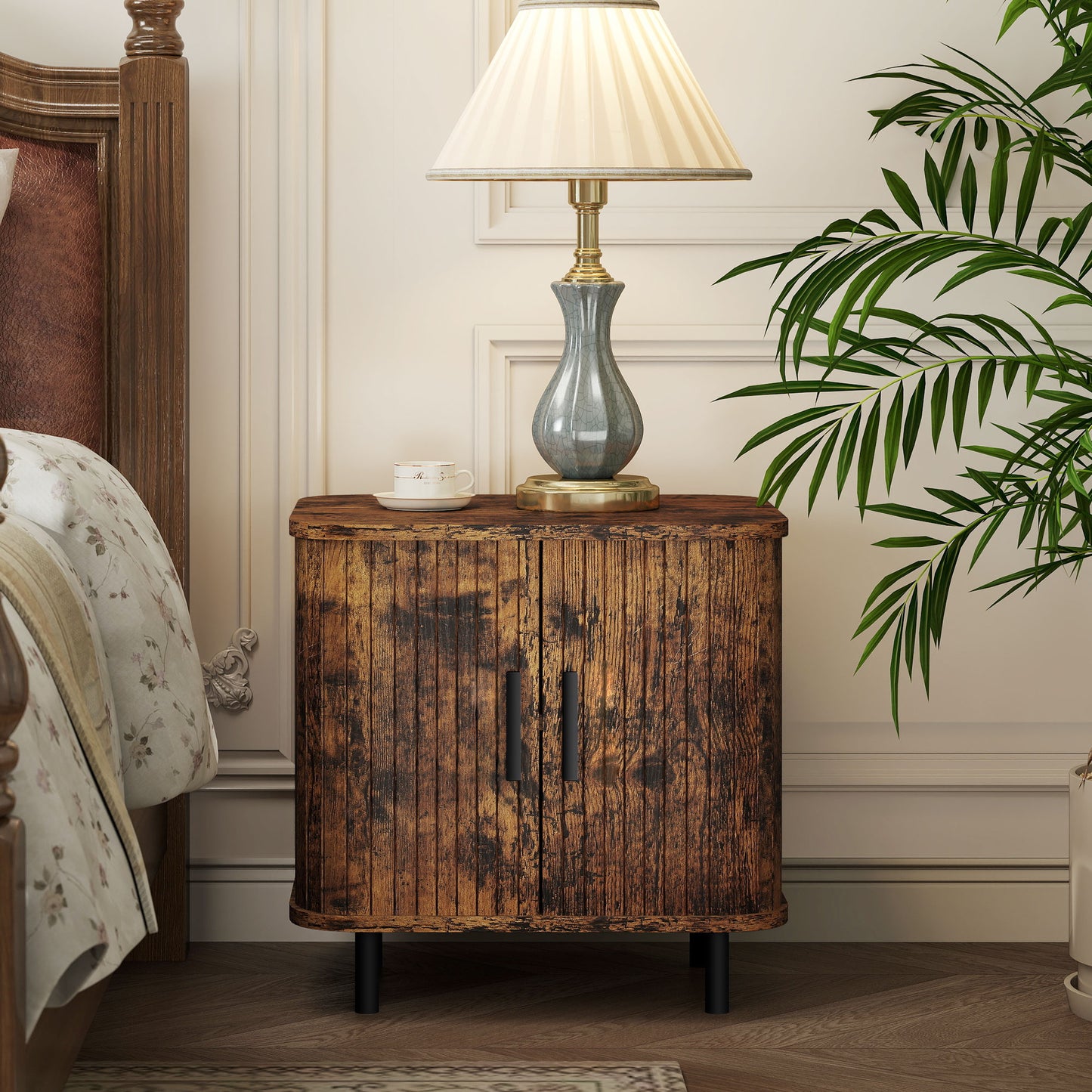 HOMCOM Bedside Table Nordic Nightstand With Roller Shutter Style Sliding Doors And Metal Legs Rustic Brown