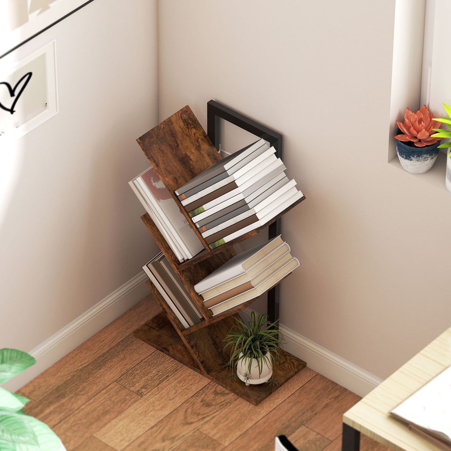 HOMCOM Four Section Tree Bookcase Wood Effect With Steel Frame And Particle Board Core For Books And Magazines