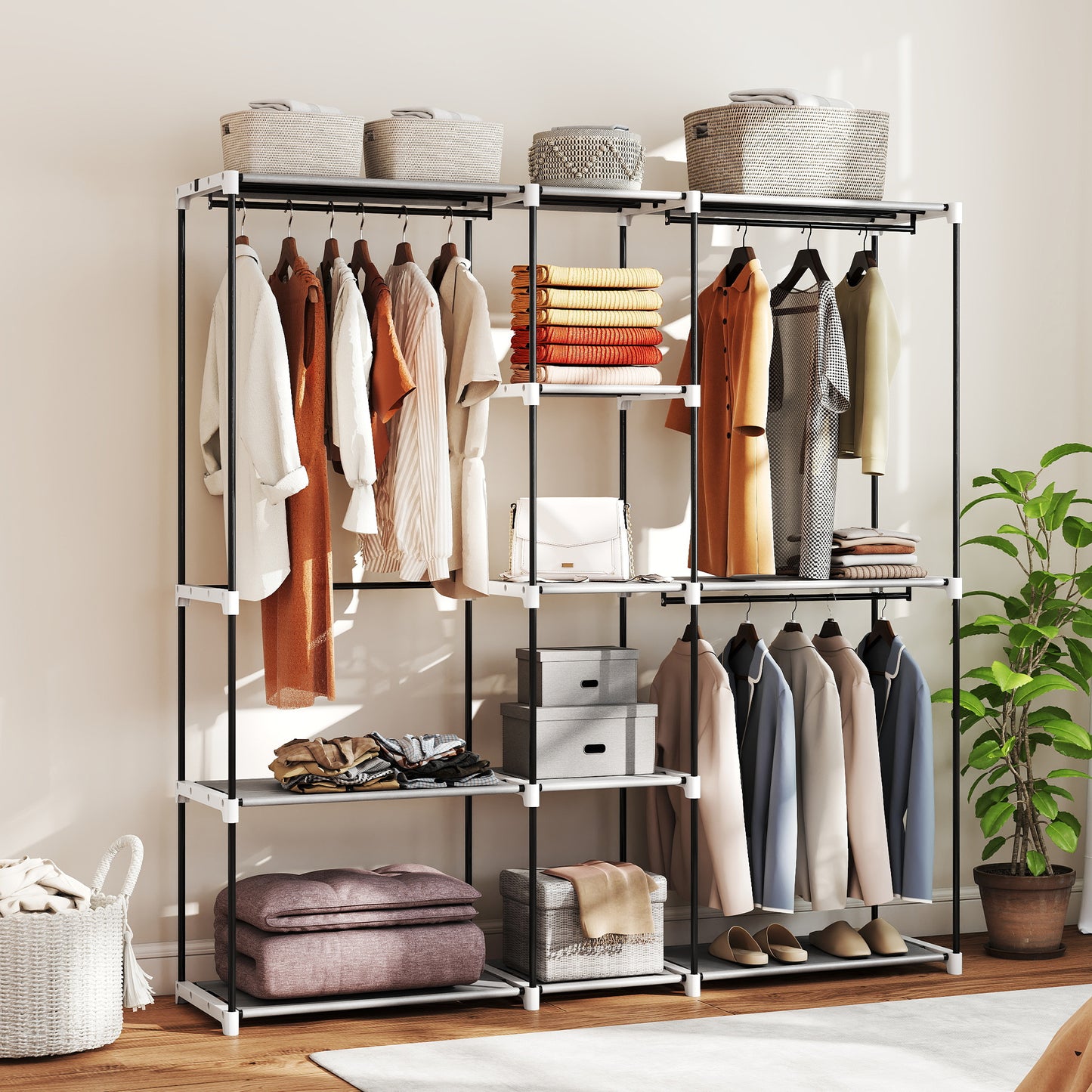 HOMCOM Portable Wardrobe With 8 Shelves And 3 Hanging Rails In Light Grey For Clothes Storage And Organization