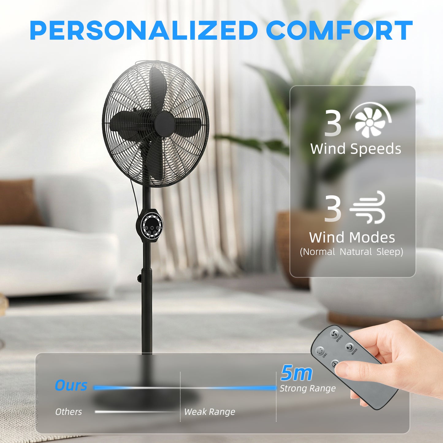 HOMCOM 41 cm Metal Pedestal Fan with Oscillating and Adjustable Height Black for Even Airflow and Quiet Operation