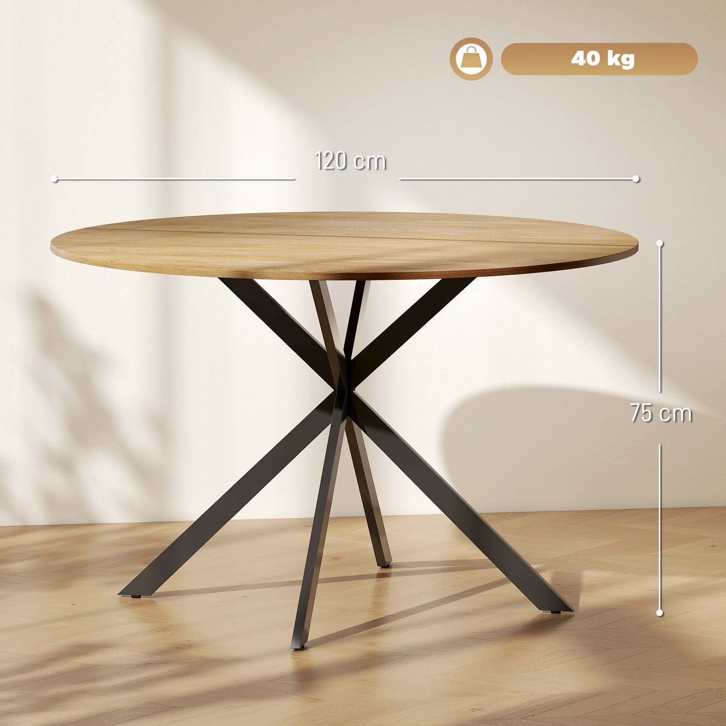 HOMCOM Dining Table For 4, 120 Cm Round Industrial Kitchen Table With Wood Effect Top And Steel Legs, Oak