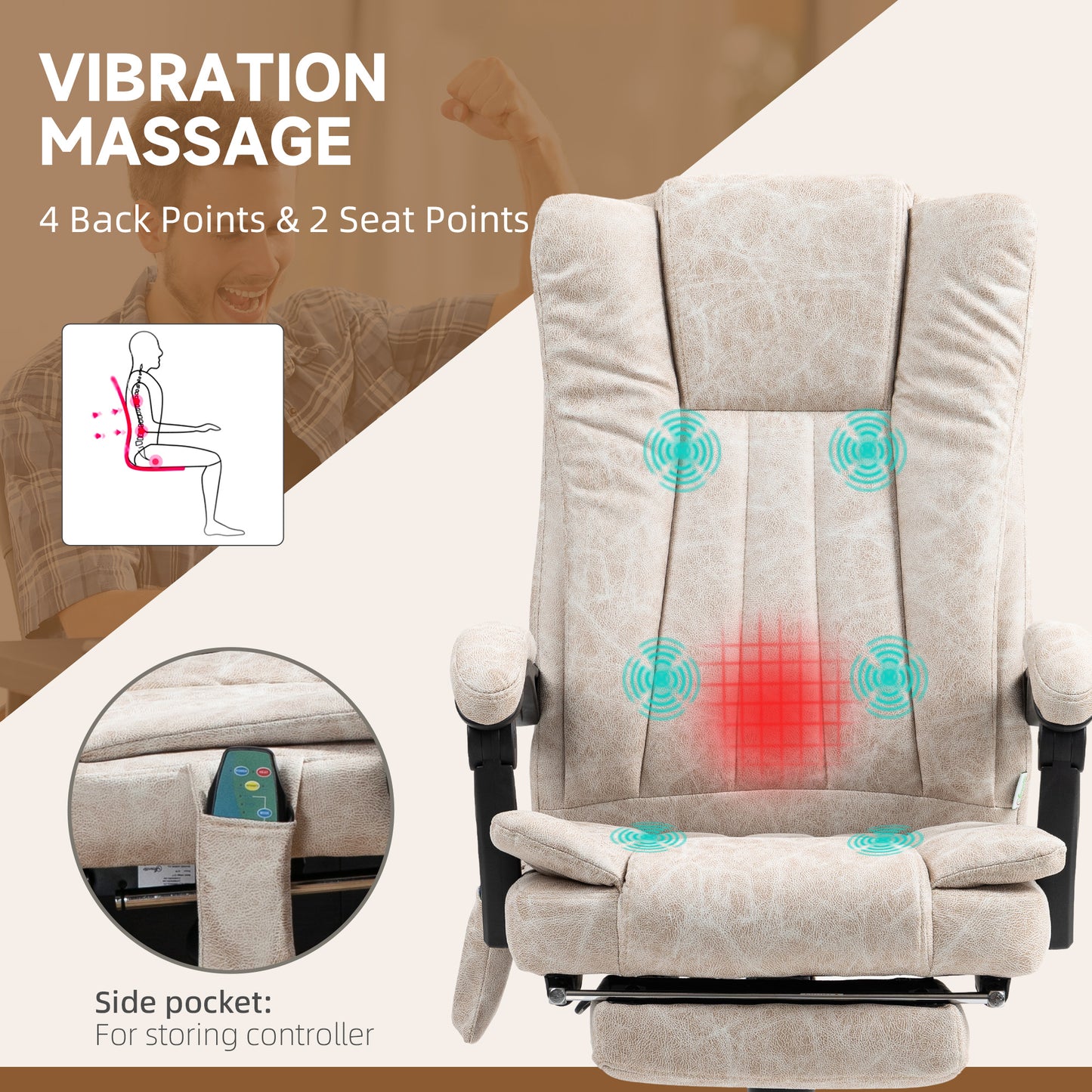 Vinsetto Cream White Heated Vibrating Massage Office Chair with Adjustable Height and Footrest - ALL4U RETAILER LTD