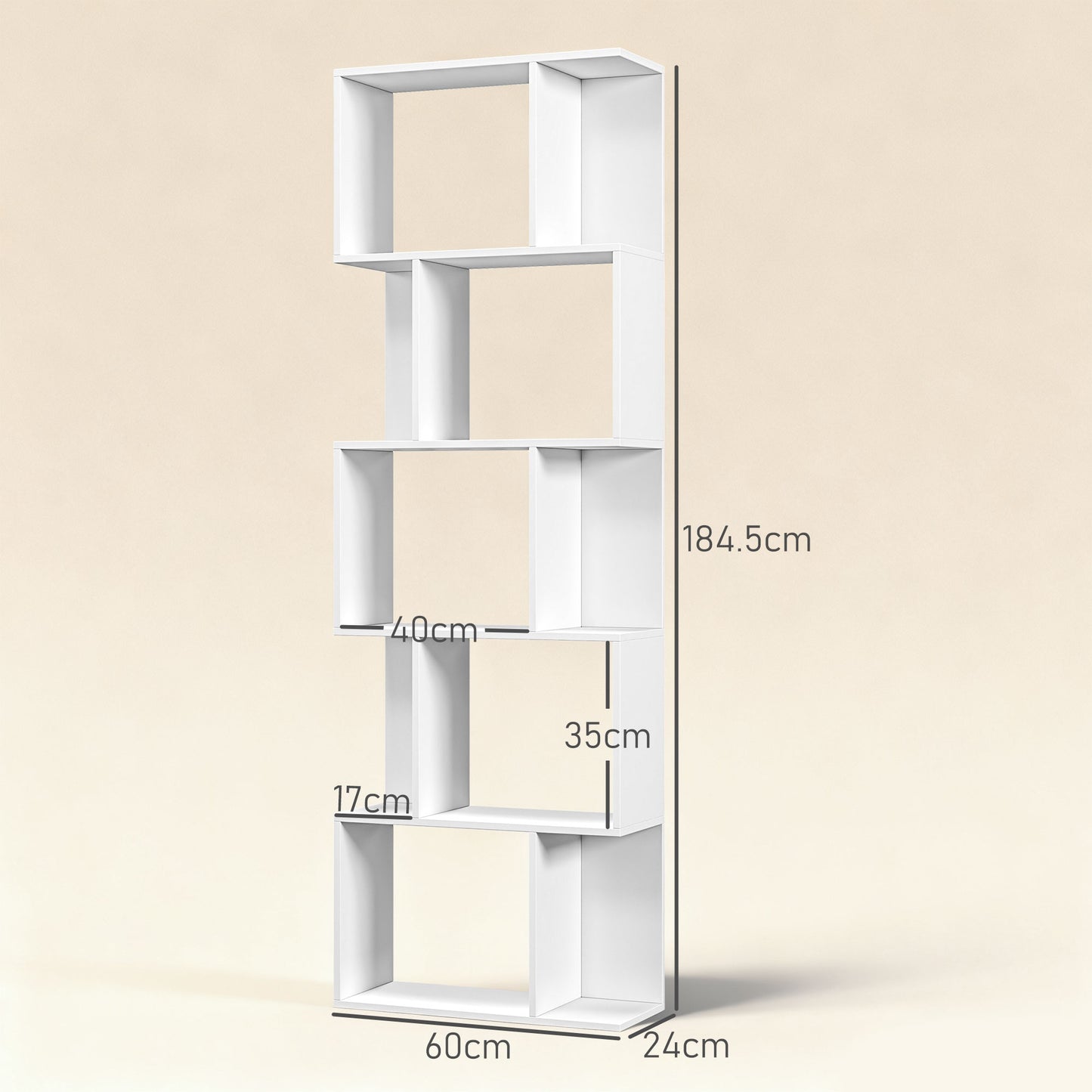 HOMCOM White S Shaped Bookcase Five Tier Freestanding Open Back Wood Display Shelf For Home Office
