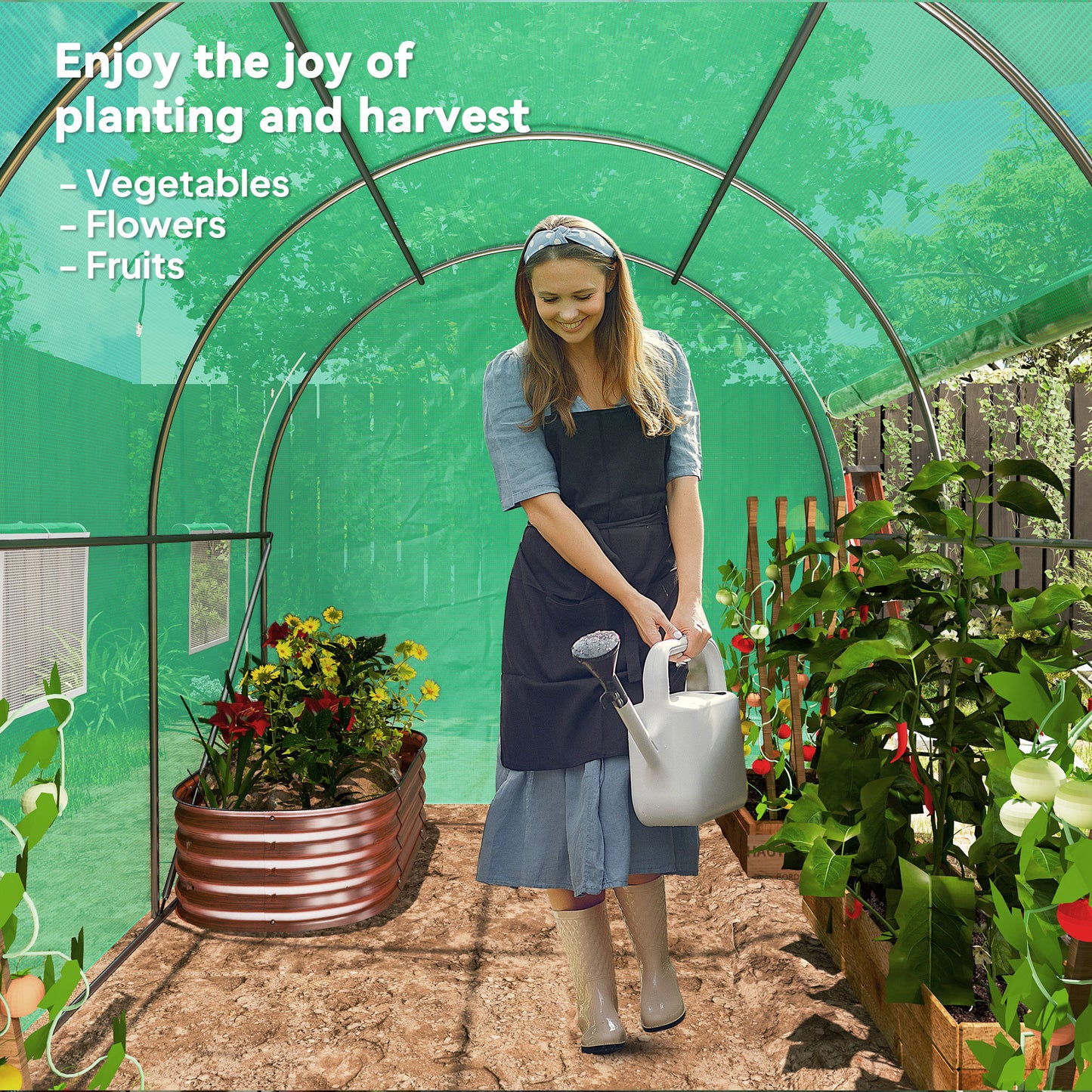 Outsunny 296 x 196cm Steel Frame Polytunnel Greenhouse for Outdoor Gardening and Shelving Green